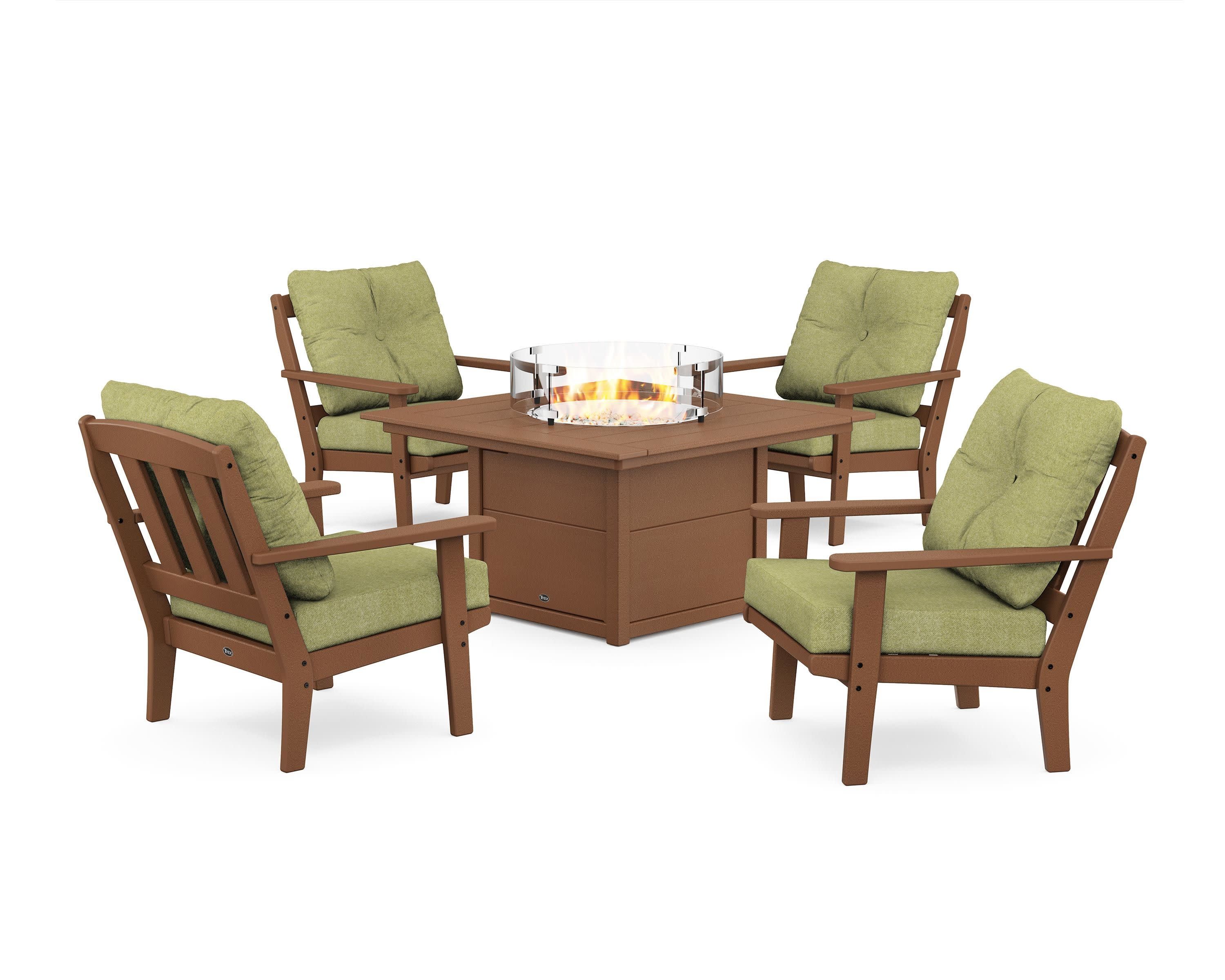 Cape Cod 5-Piece Deep Seating Set with Fire Pit Table in Tree House / Chartreuse Boucle