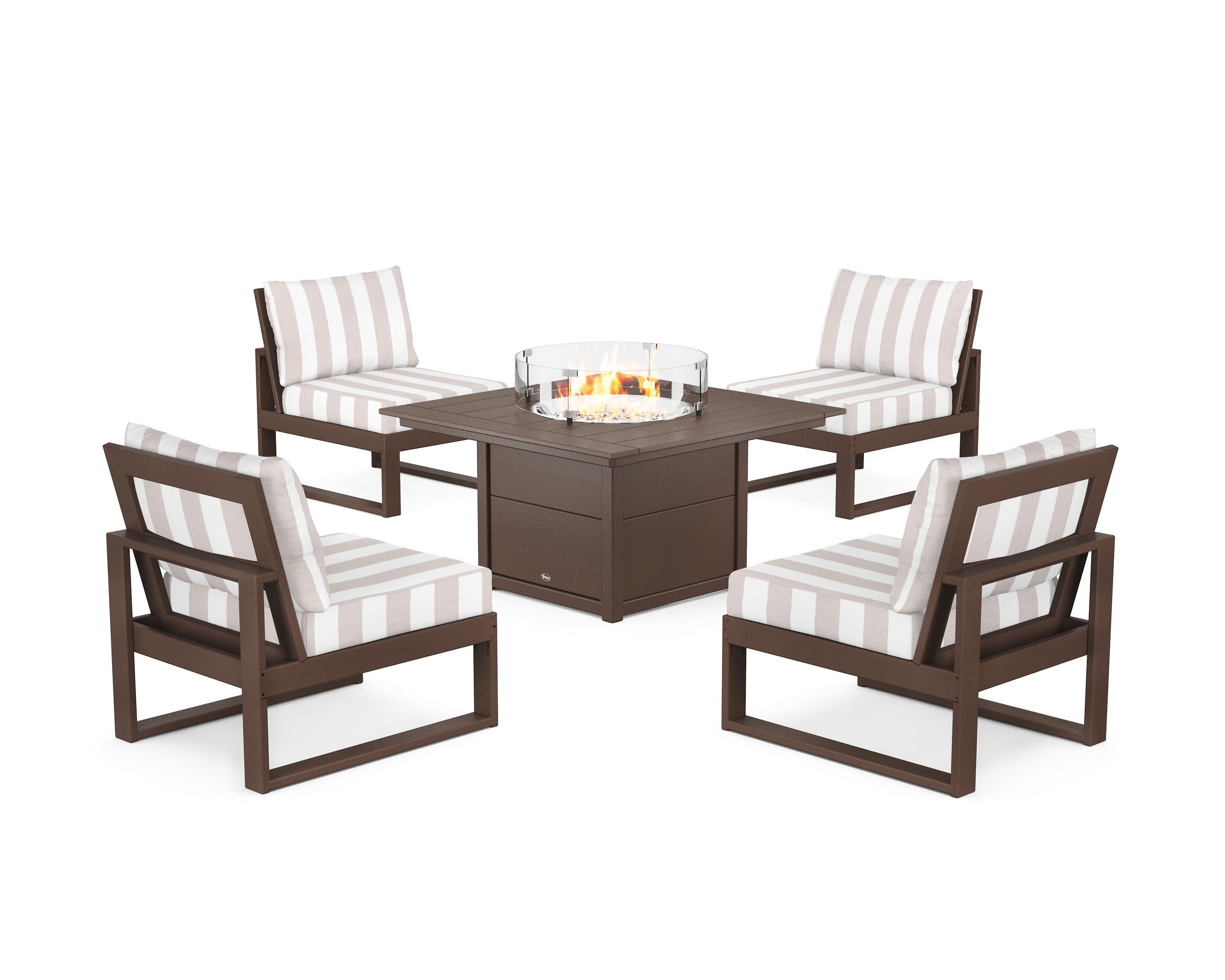 Eastport Modular 5-Piece Deep Seating Set with Square Fire Pit Table in Vintage Lantern / Cabana Stripe Dune Burlap