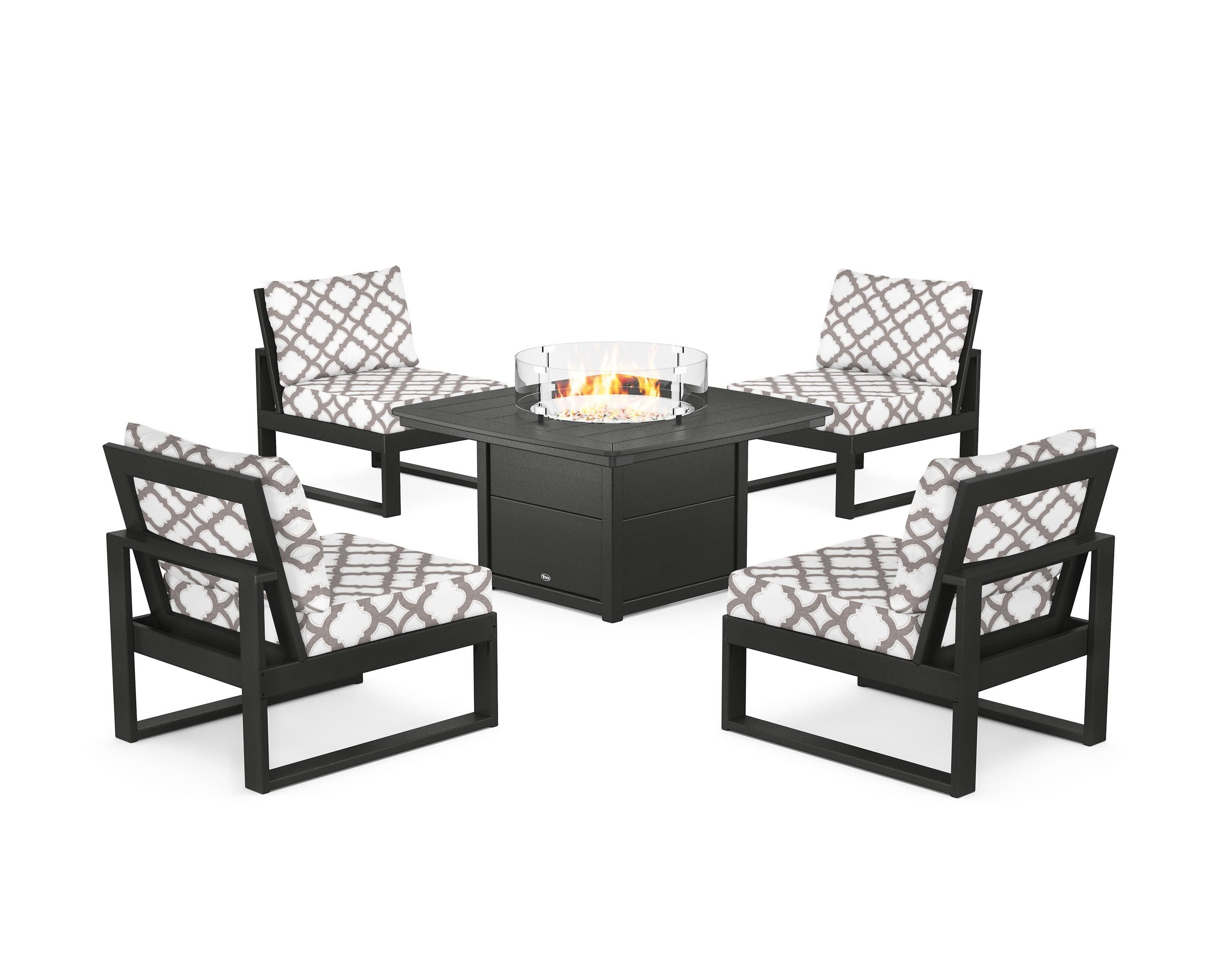 Eastport Modular 5-Piece Deep Seating Set with Yacht Club Fire Pit Table in Charcoal Black / Trellis Grey Mist