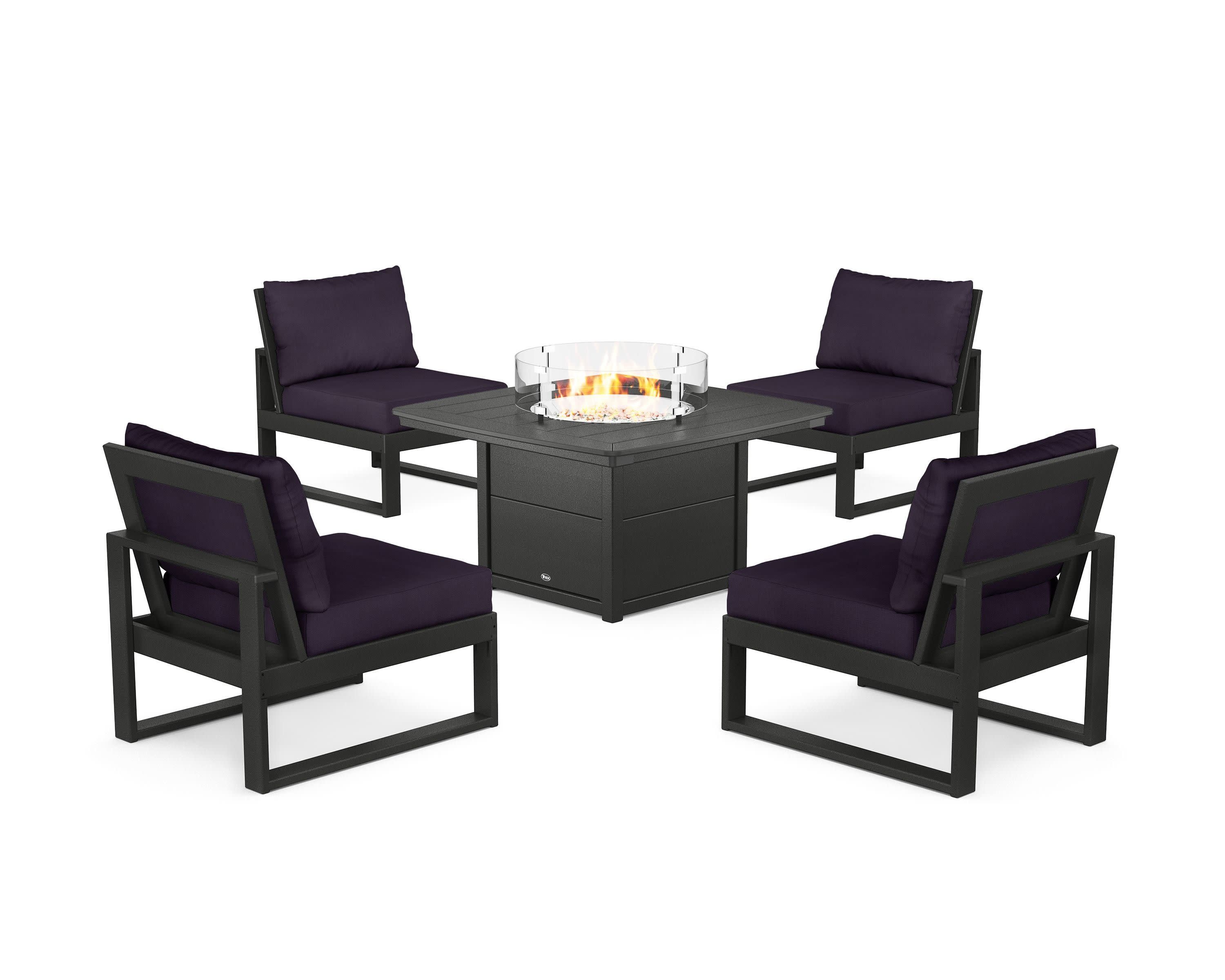 Eastport Modular 5-Piece Deep Seating Set with Yacht Club Fire Pit Table in Charcoal Black / Navy Linen