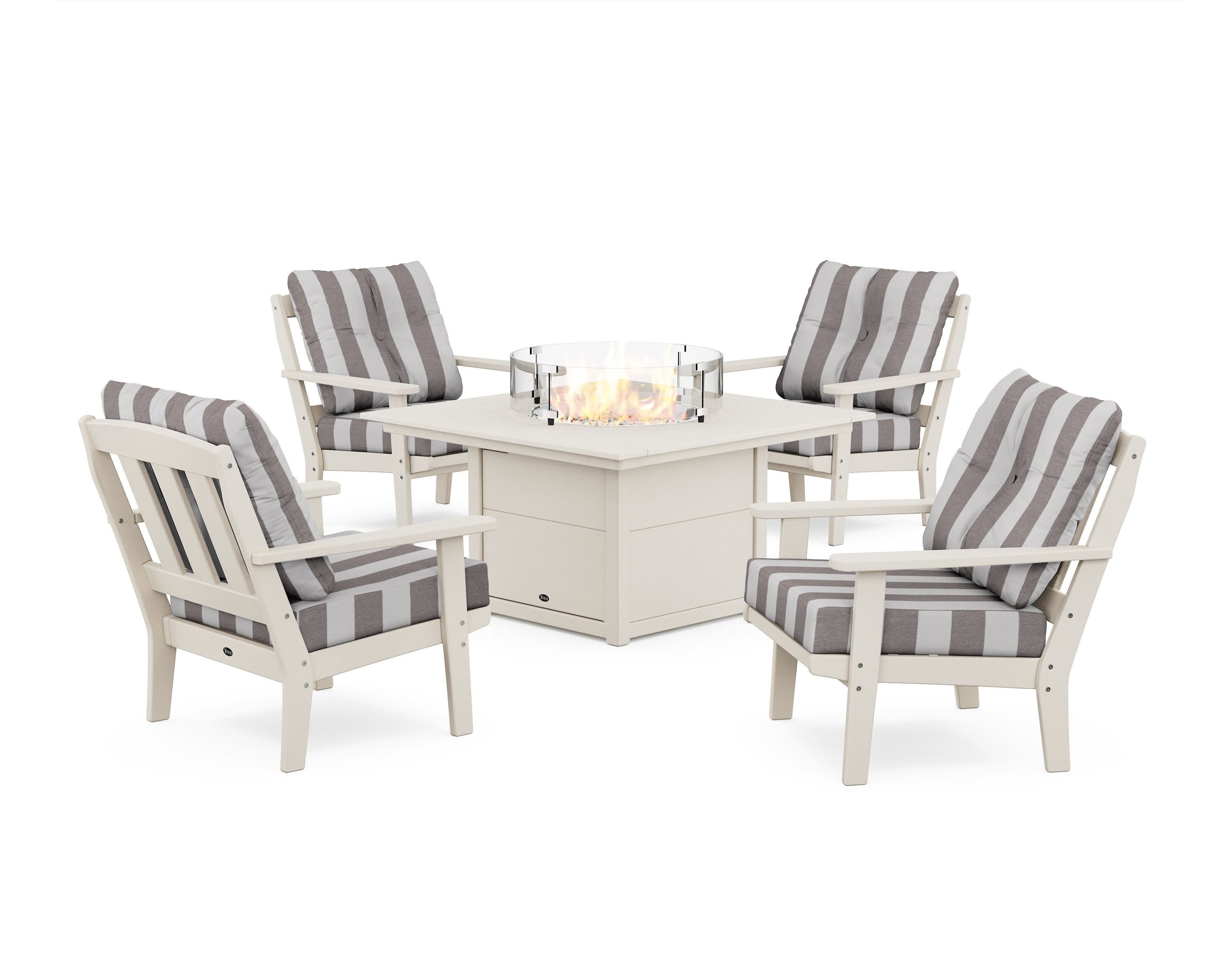 Cape Cod 5-Piece Deep Seating Set with Fire Pit Table in Sand Castle / Cabana Stripe Grey Mist