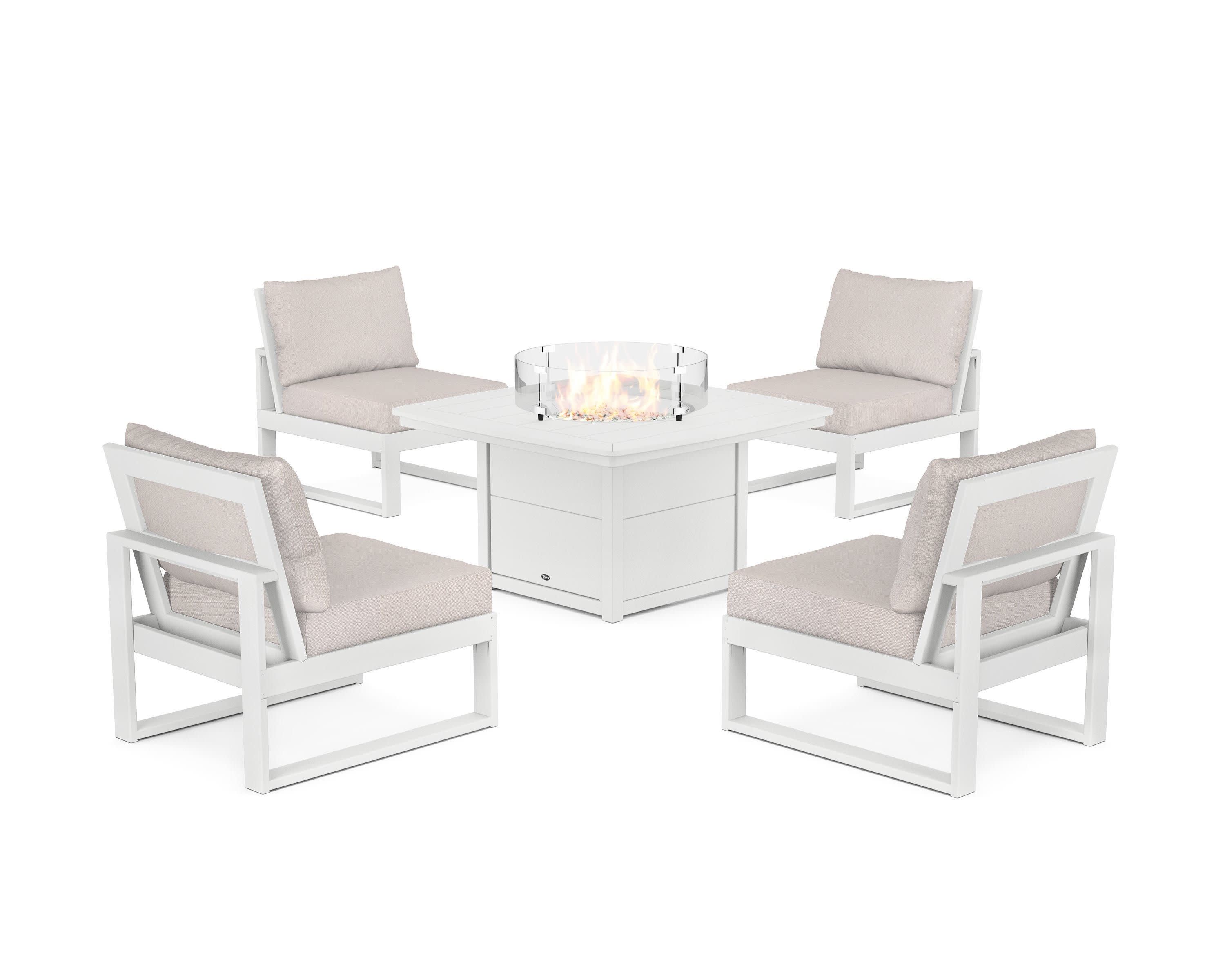 Eastport Modular 5-Piece Deep Seating Set with Yacht Club Fire Pit Table in Classic White / Dune Burlap