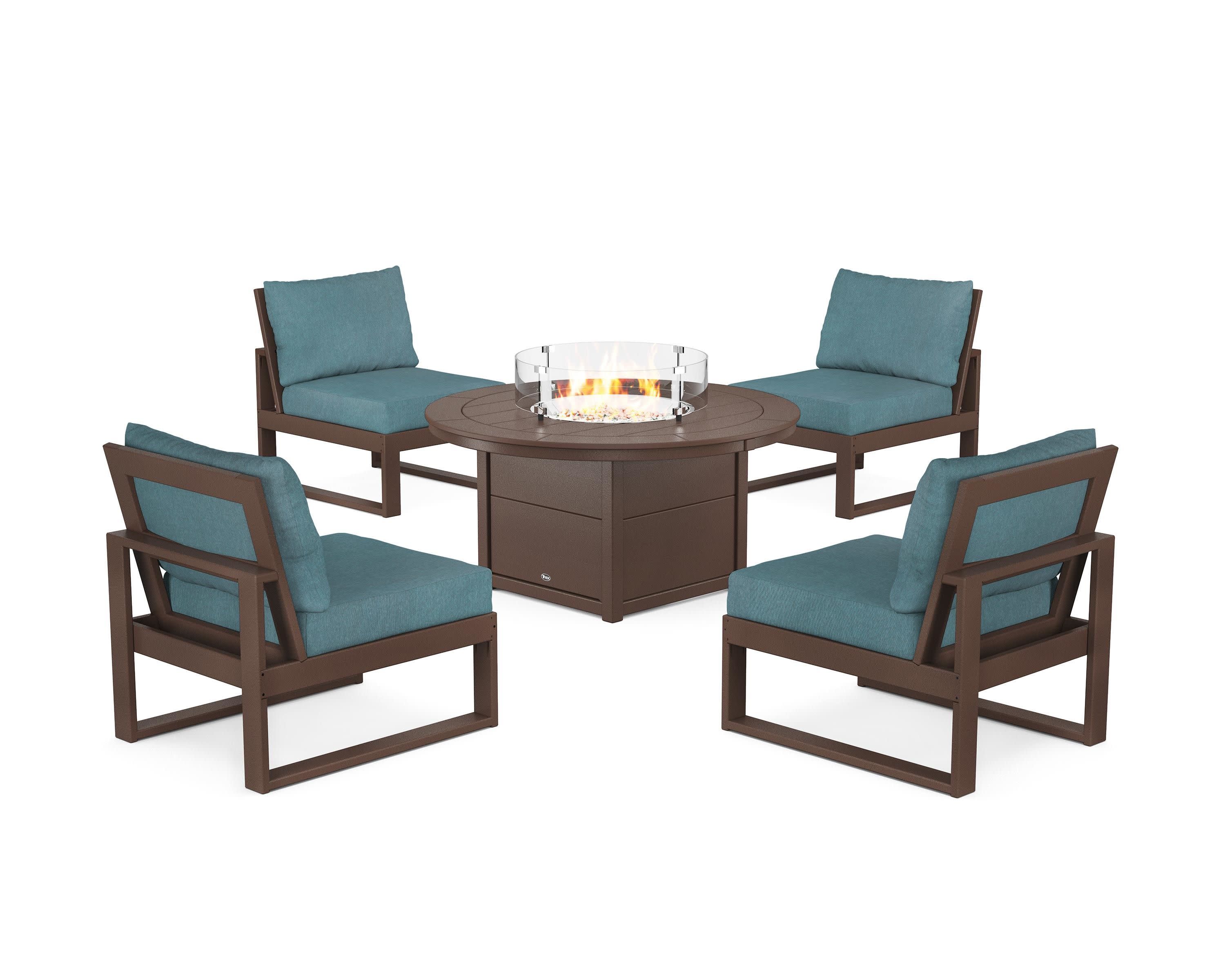 Eastport Modular 5-Piece Deep Seating Set with Round Fire Pit Table in Vintage Lantern / Ocean Teal