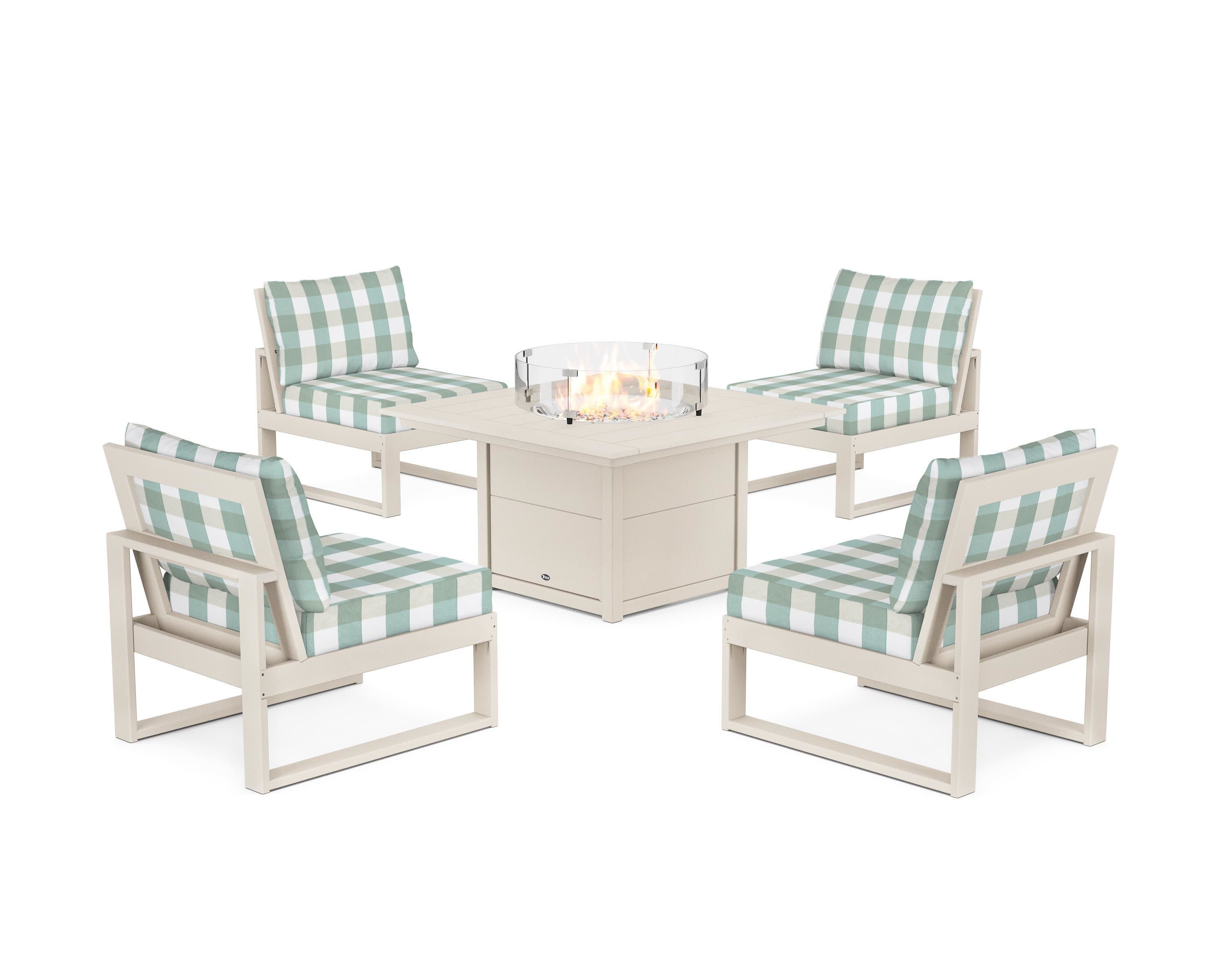 Eastport Modular 5-Piece Deep Seating Set with Square Fire Pit Table in Sand Castle / Buffalo Plaid Glacier Spa