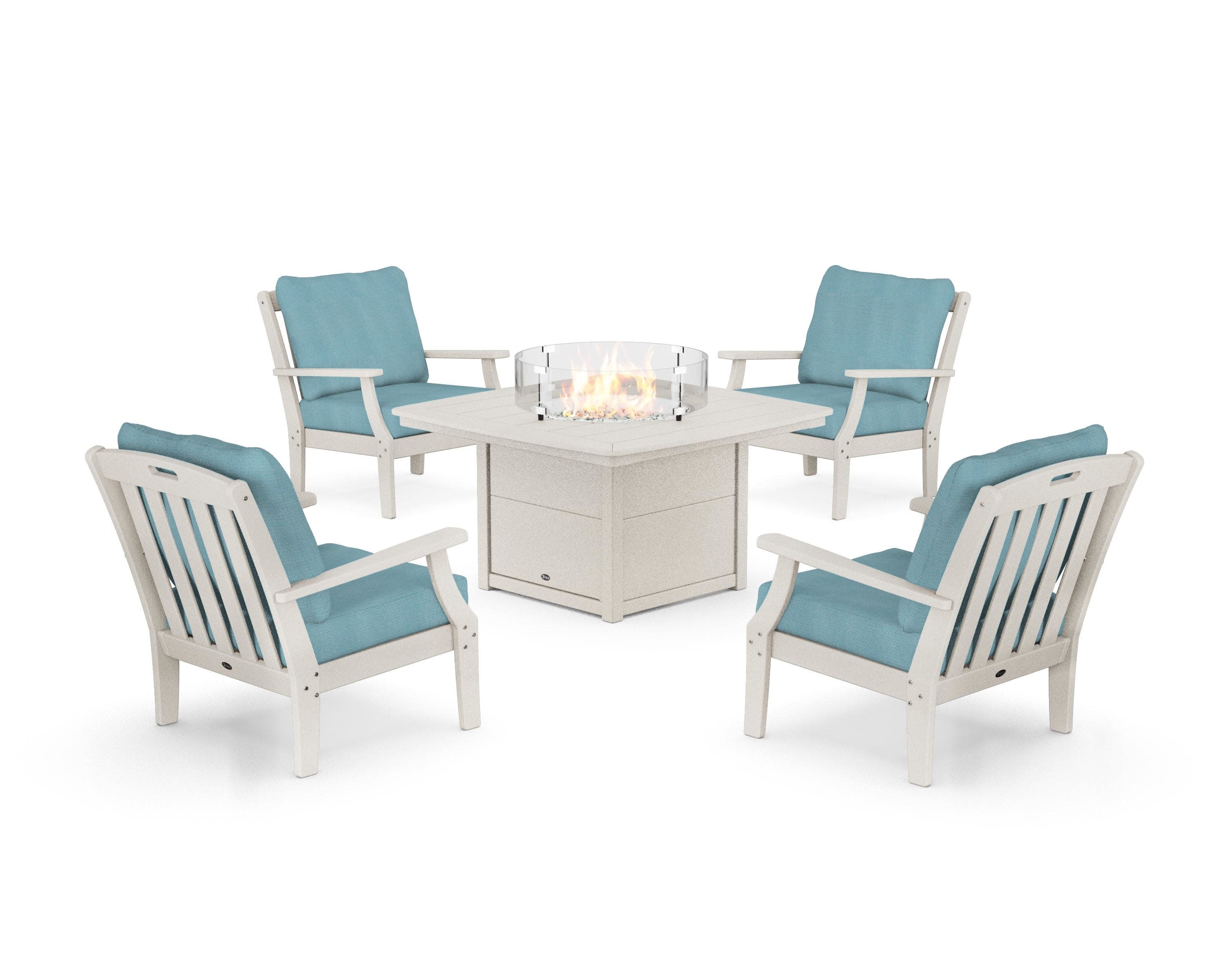 Yacht Club 5-Piece Deep Seating Set with Fire Pit Table in Sand Castle / Lattice Sky Blue