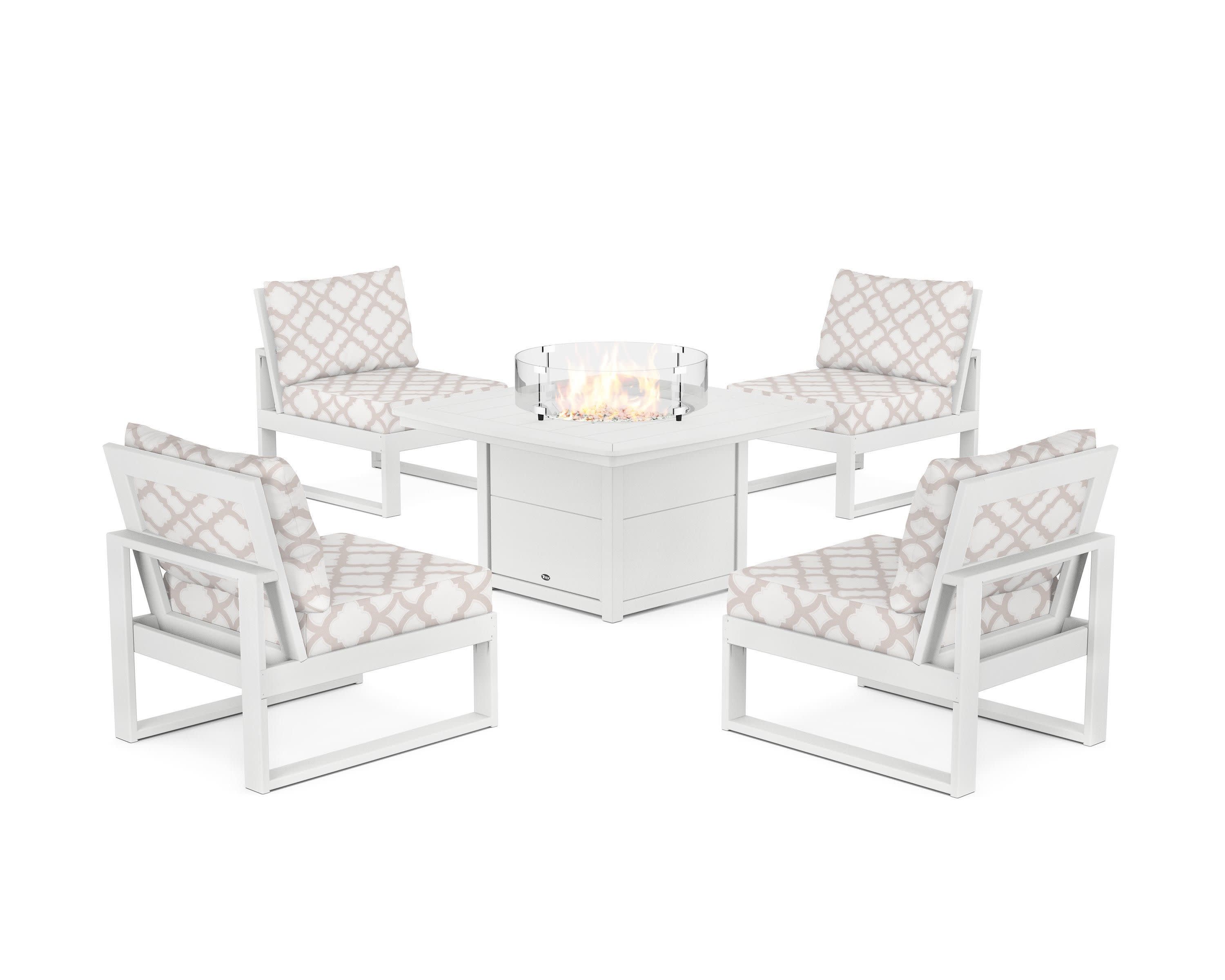 Eastport Modular 5-Piece Deep Seating Set with Yacht Club Fire Pit Table in Classic White / Trellis Dune Burlap