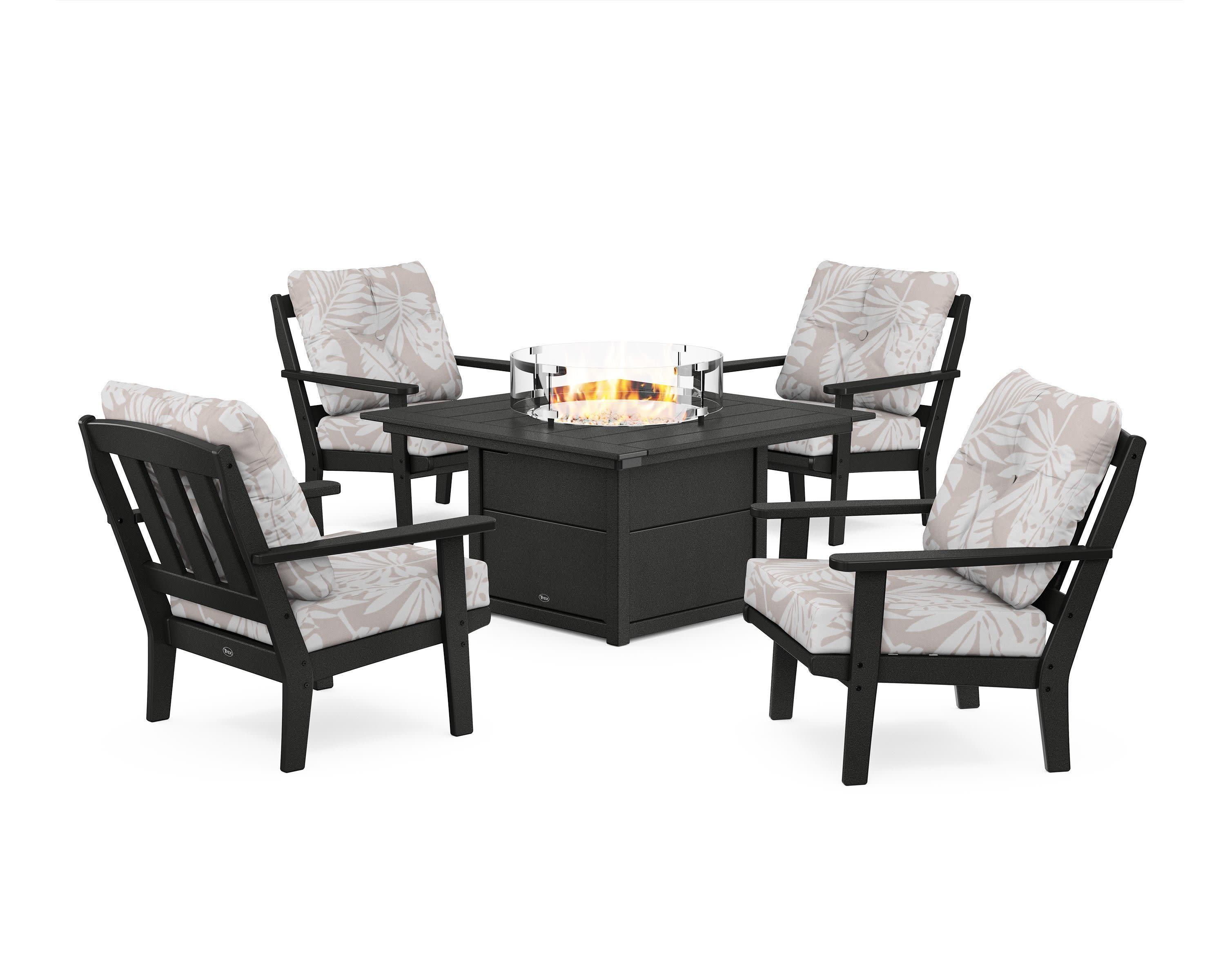 Cape Cod 5-Piece Deep Seating Set with Fire Pit Table in Charcoal Black / Leaf Dune Burlap