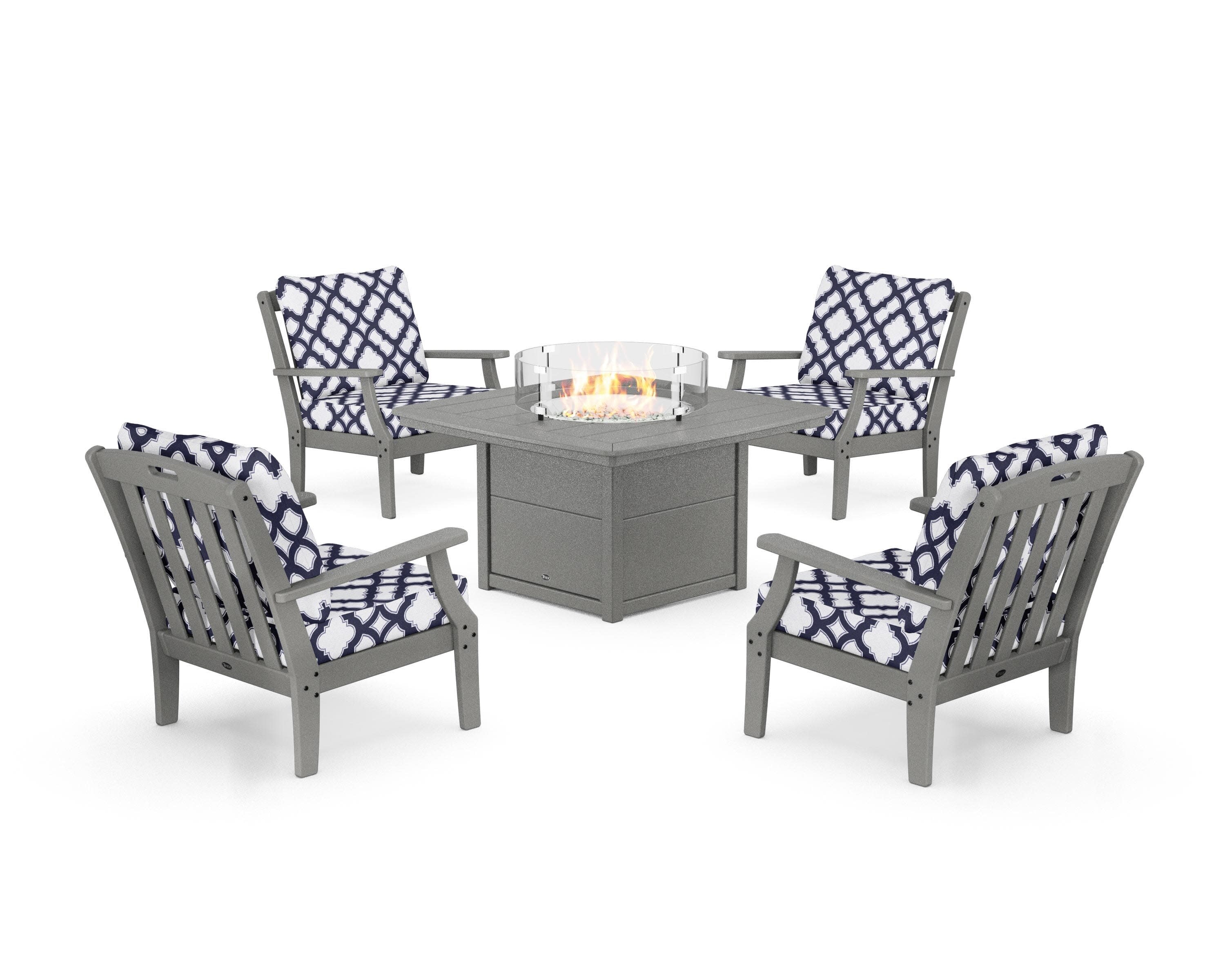 Yacht Club 5-Piece Deep Seating Set with Fire Pit Table in Stepping Stone / Trellis Navy