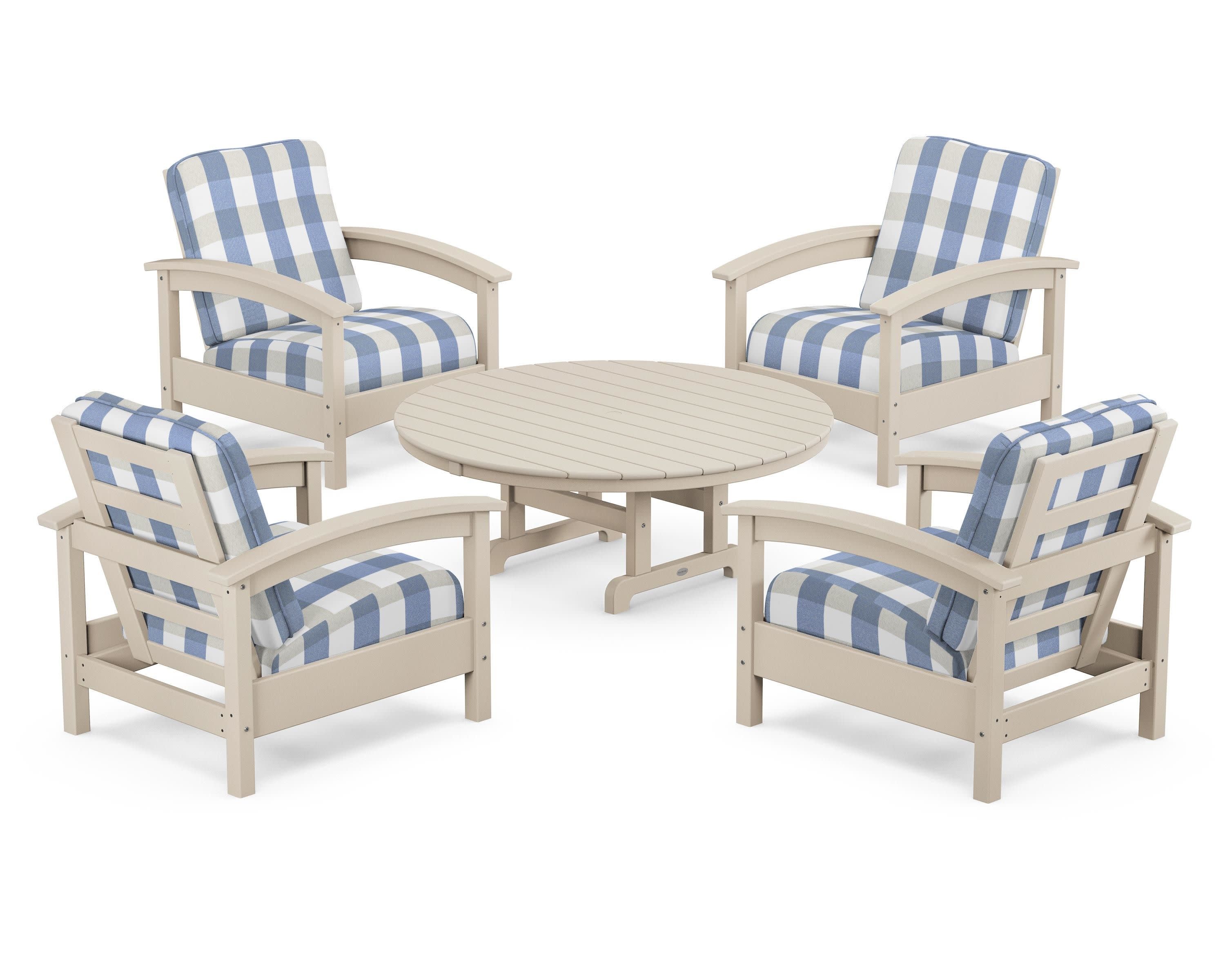 Rockport 5-Piece Deep Seating Set in Sand Castle / Buffalo Plaid Sky Blue
