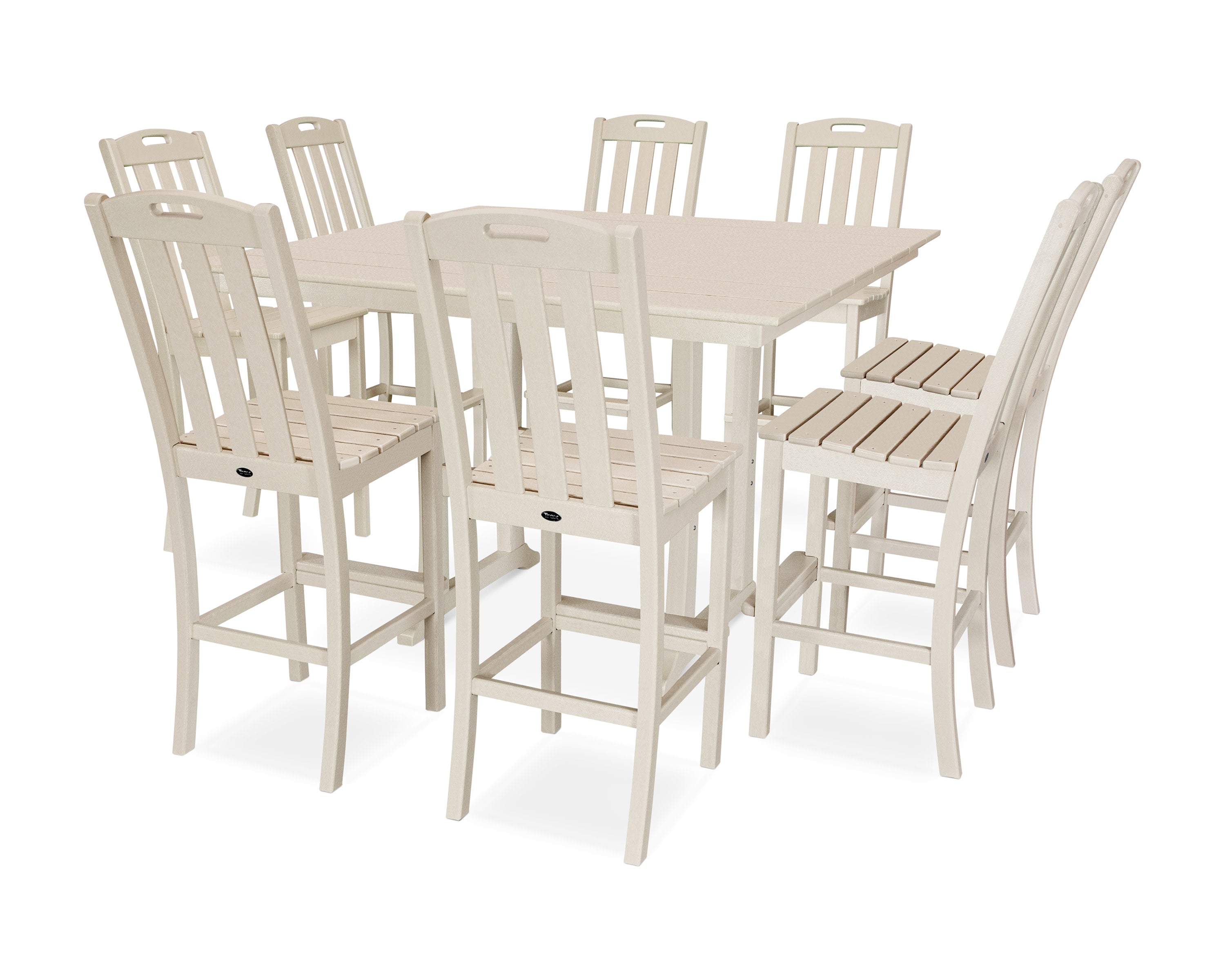 Yacht Club 9-Piece Farmhouse Trestle Side Chair Bar Set in Sand Castle