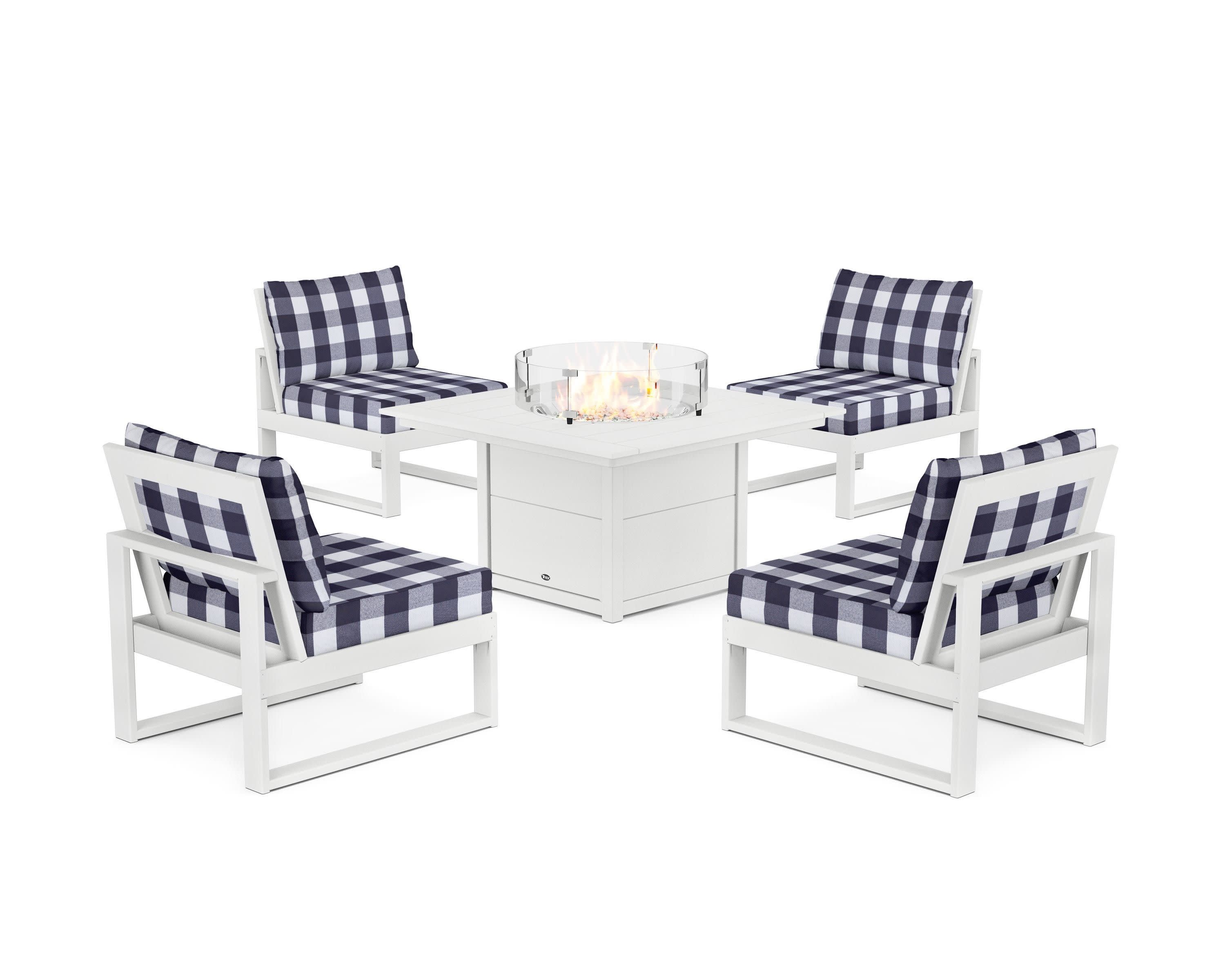 Eastport Modular 5-Piece Deep Seating Set with Square Fire Pit Table in Classic White / Buffalo Plaid Navy