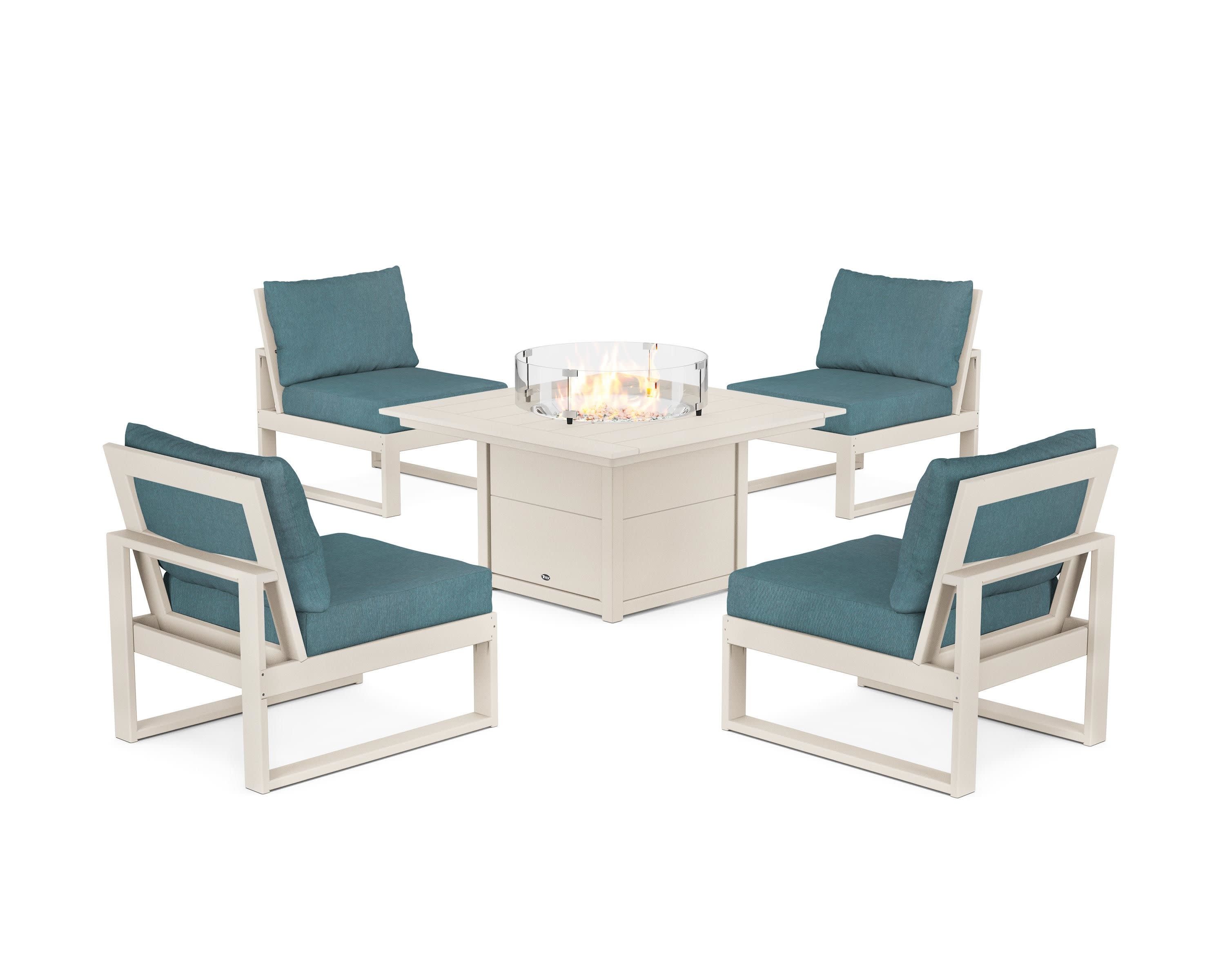 Eastport Modular 5-Piece Deep Seating Set with Square Fire Pit Table in Sand Castle / Ocean Teal