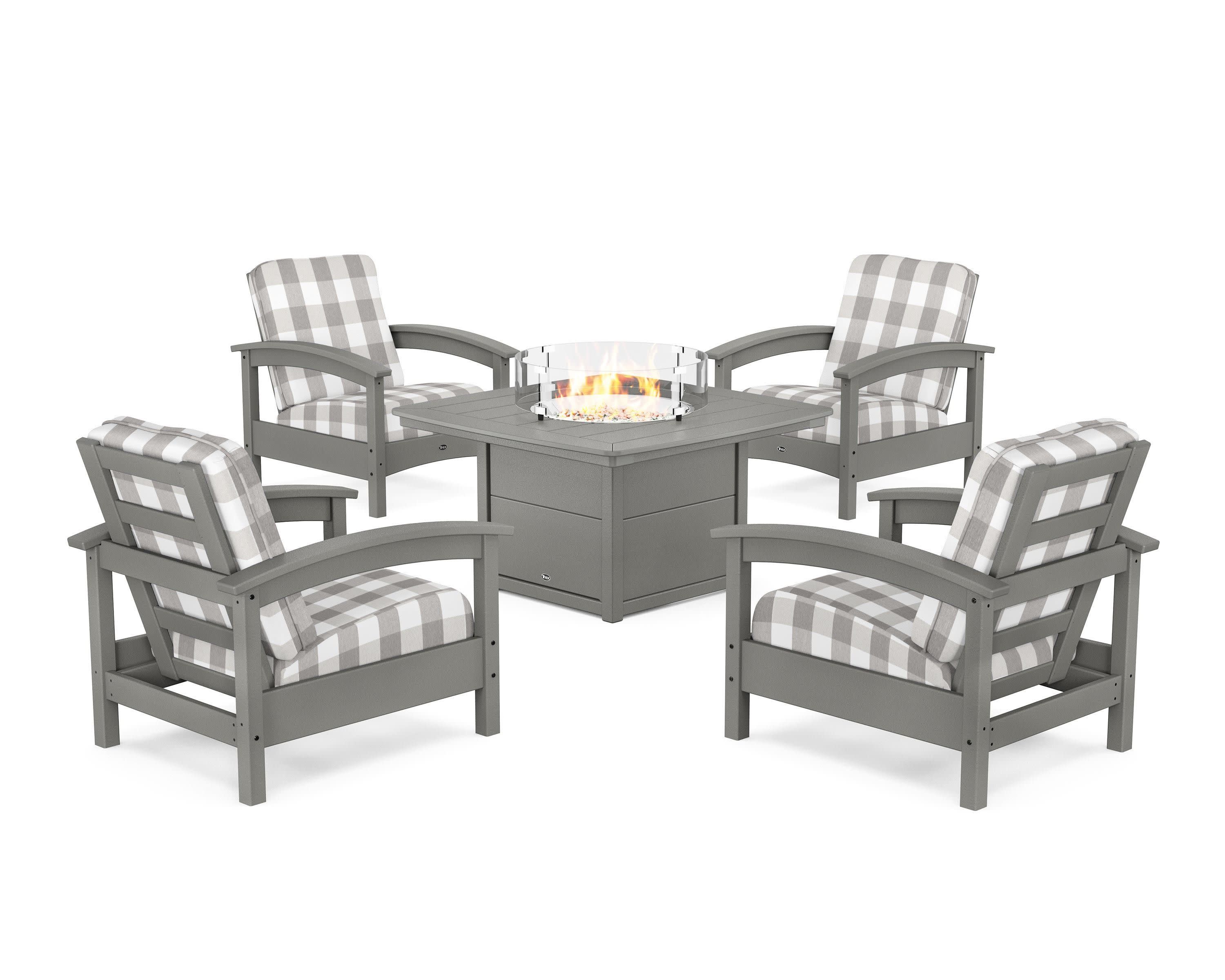Rockport 5-Piece Deep Seating Set with Yacht Club Fire Pit Table in Stepping Stone / Buffalo Plaid Grey Mist