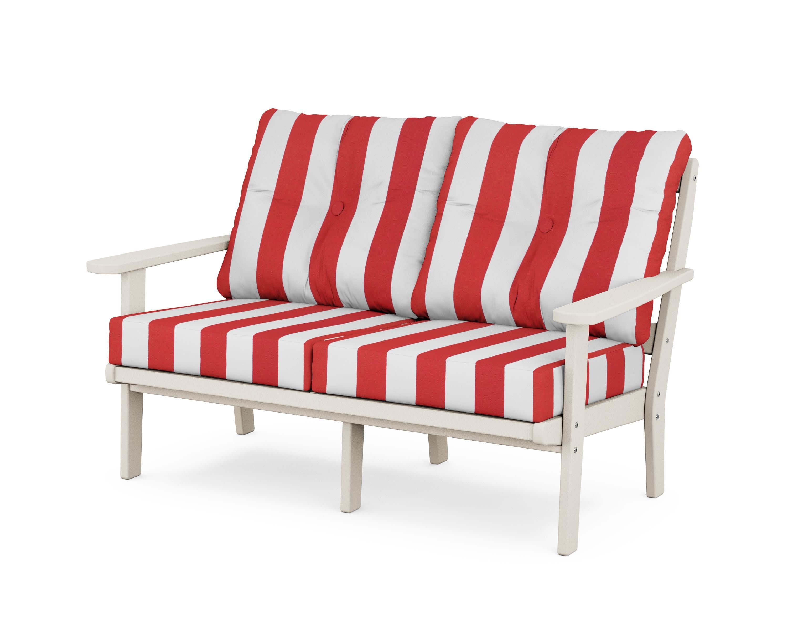 Cape Cod Deep Seating Loveseat in Sand Castle / Cabana Stripe Crimson