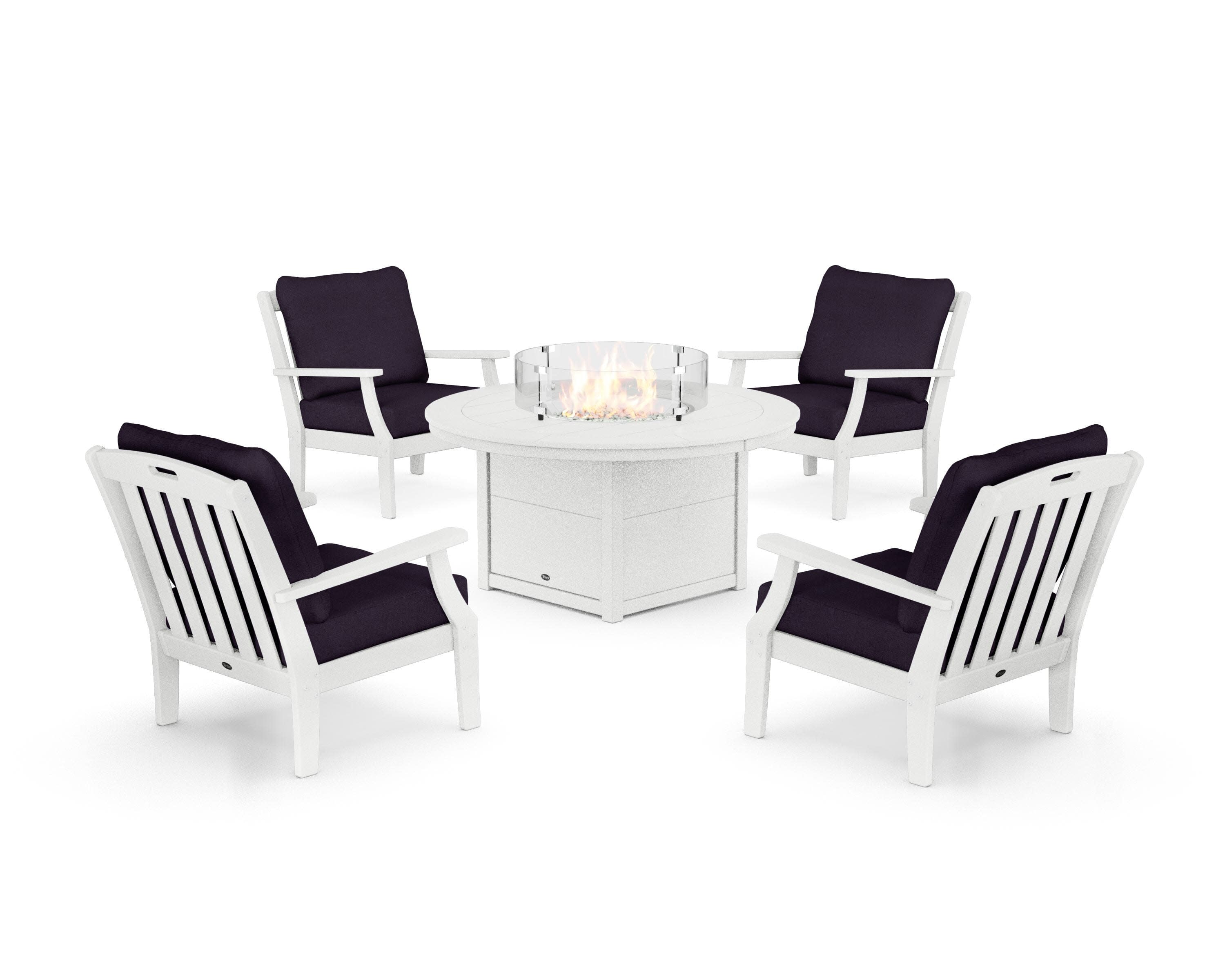 Yacht Club 5-Piece Deep Seating Set with Round Fire Pit Table in Classic White / Navy Linen