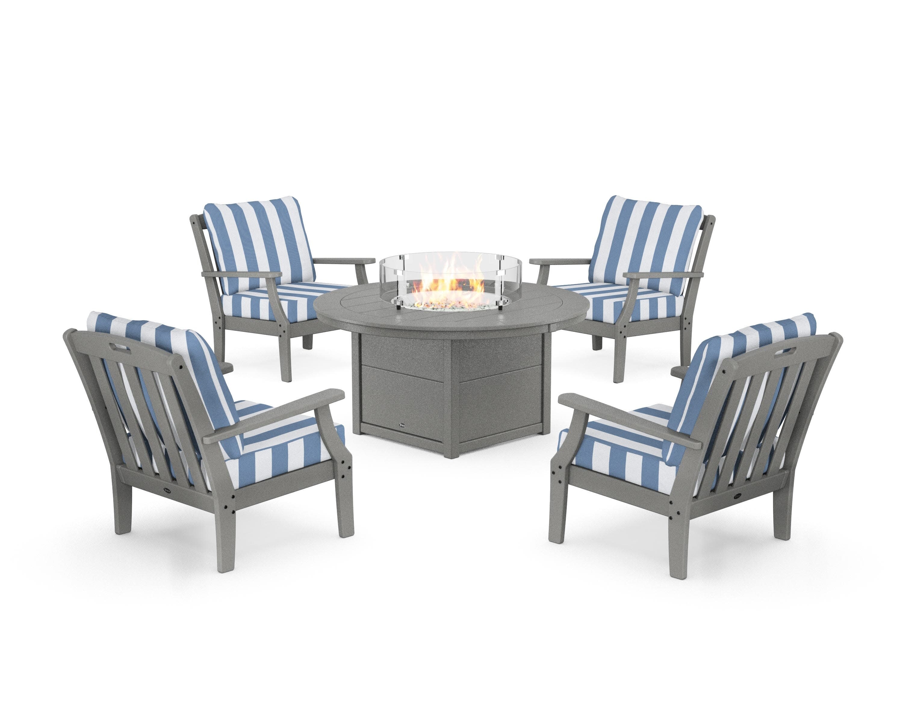 Yacht Club 5-Piece Deep Seating Set with Round Fire Pit Table in Stepping Stone / Cabana Stripe Sky Blue