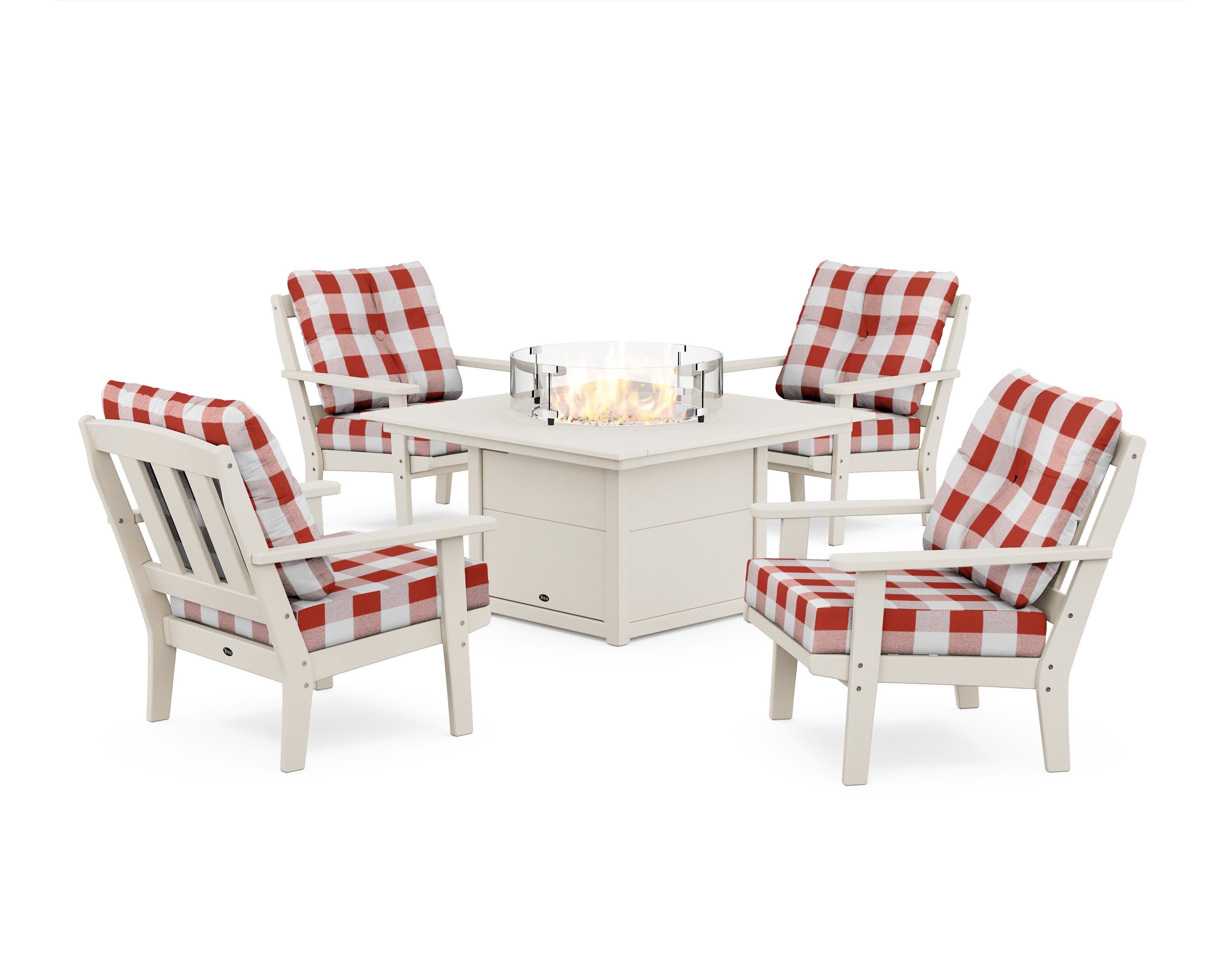 Cape Cod 5-Piece Deep Seating Set with Fire Pit Table in Sand Castle / Buffalo Plaid Crimson