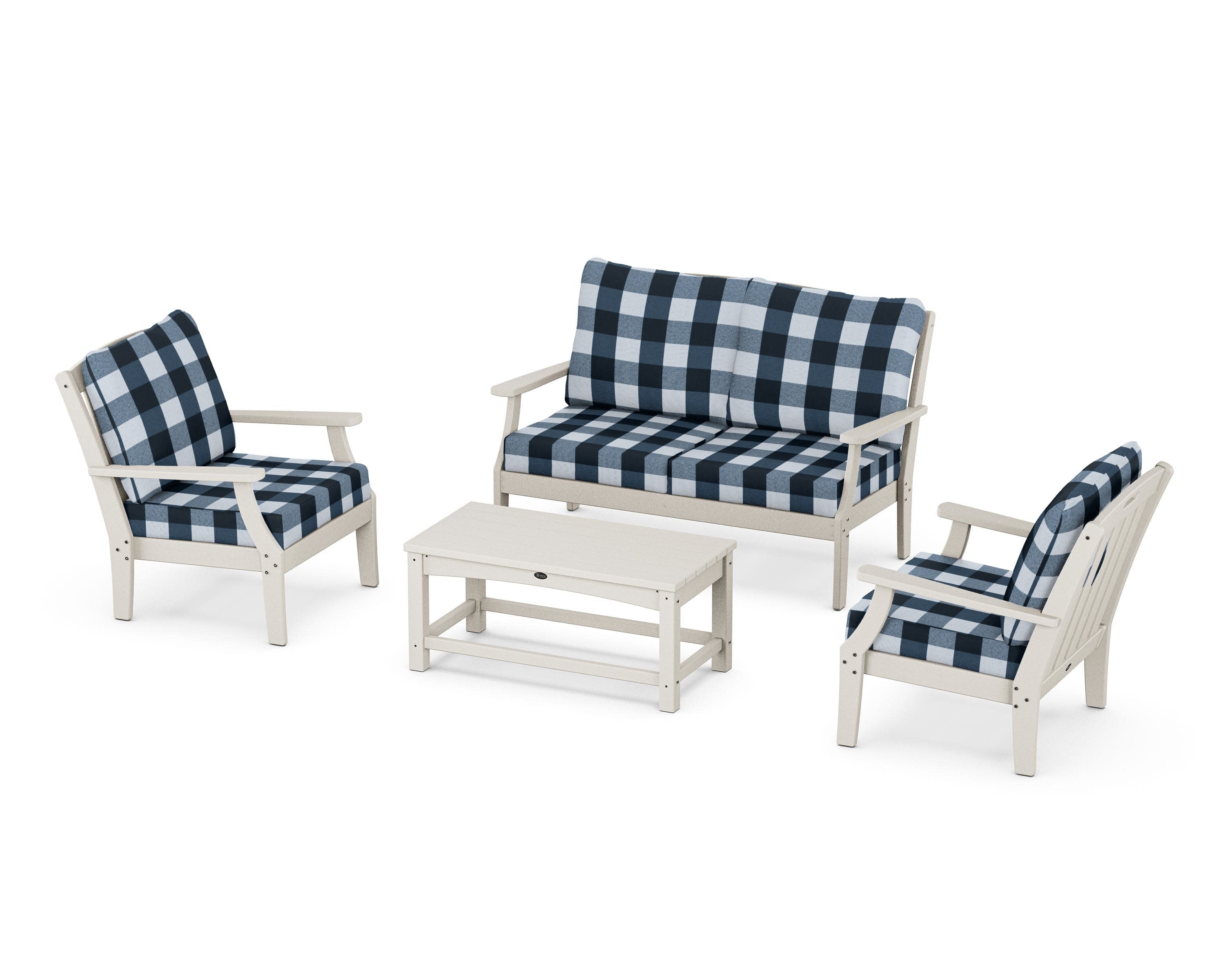 Yacht Club 4-Piece Deep Seating Chair Set in Sand Castle / Buffalo Plaid Marine Indigo