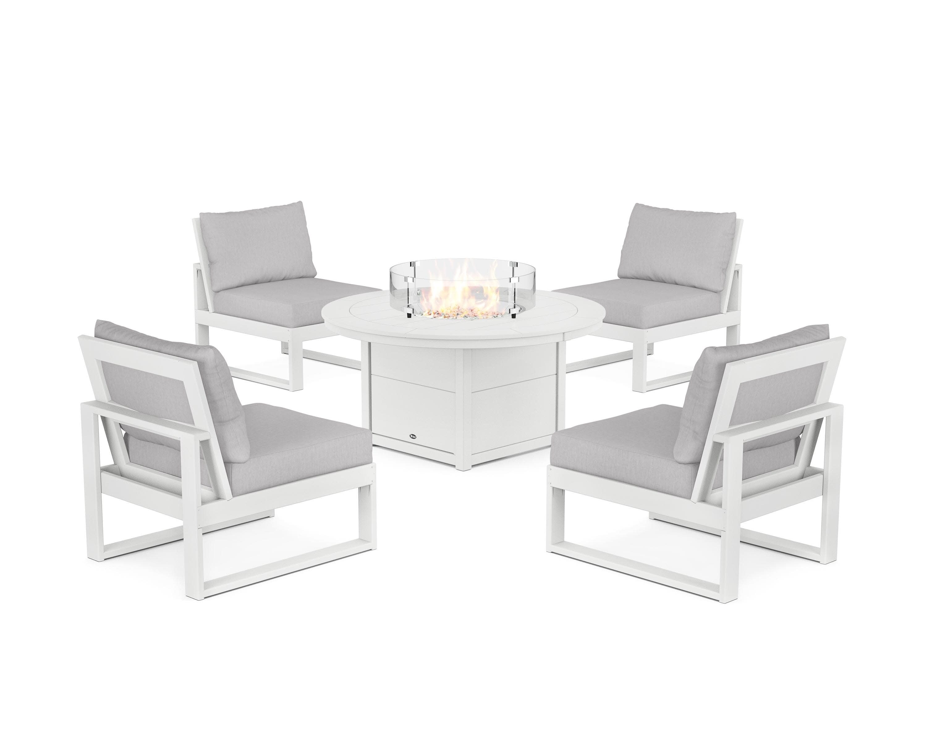Eastport Modular 5-Piece Deep Seating Set with Round Fire Pit Table in Classic White / Granite