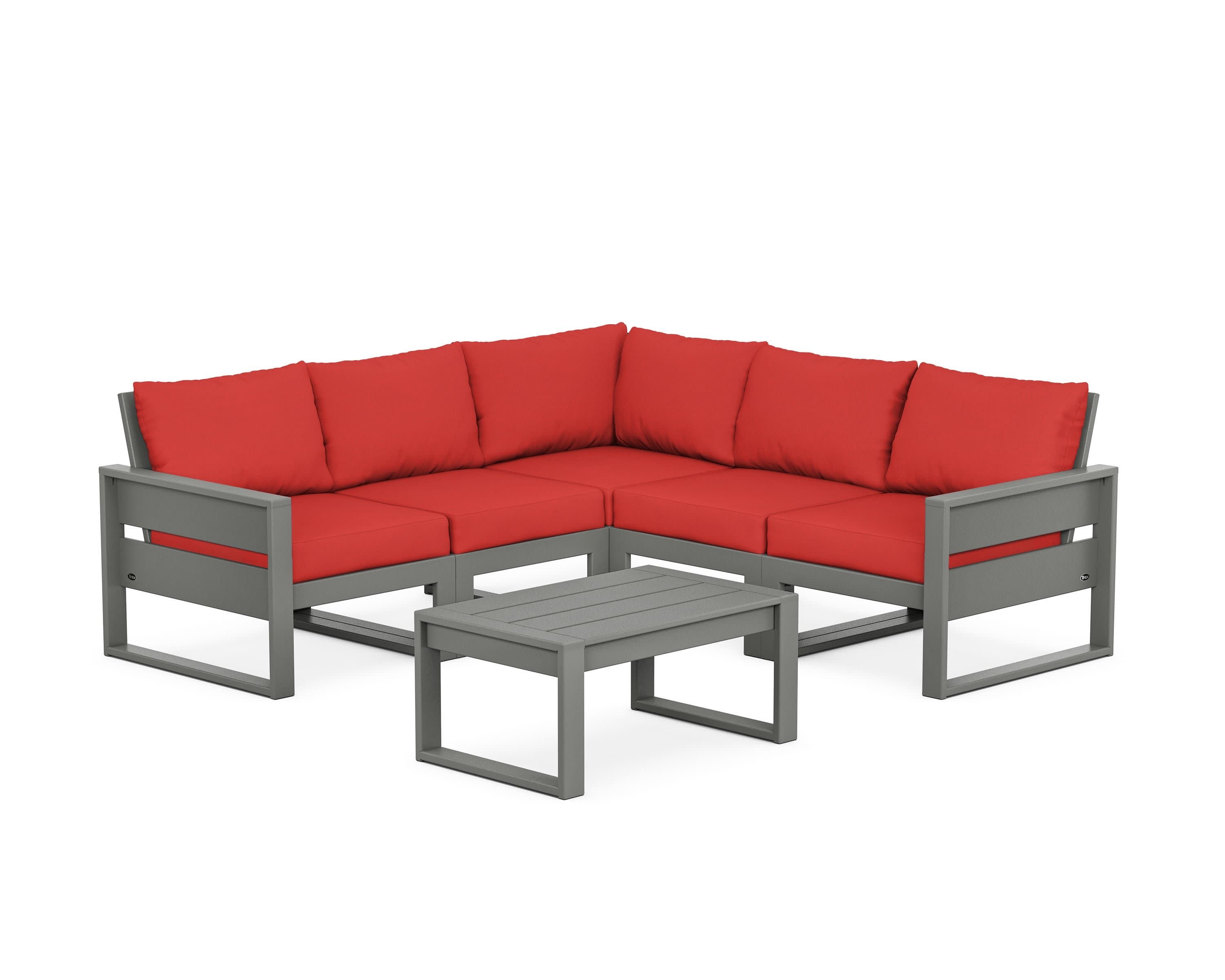 Eastport 6-Piece Deep Seating Sectional + Coffee Table Set in Stepping Stone / Crimson Linen