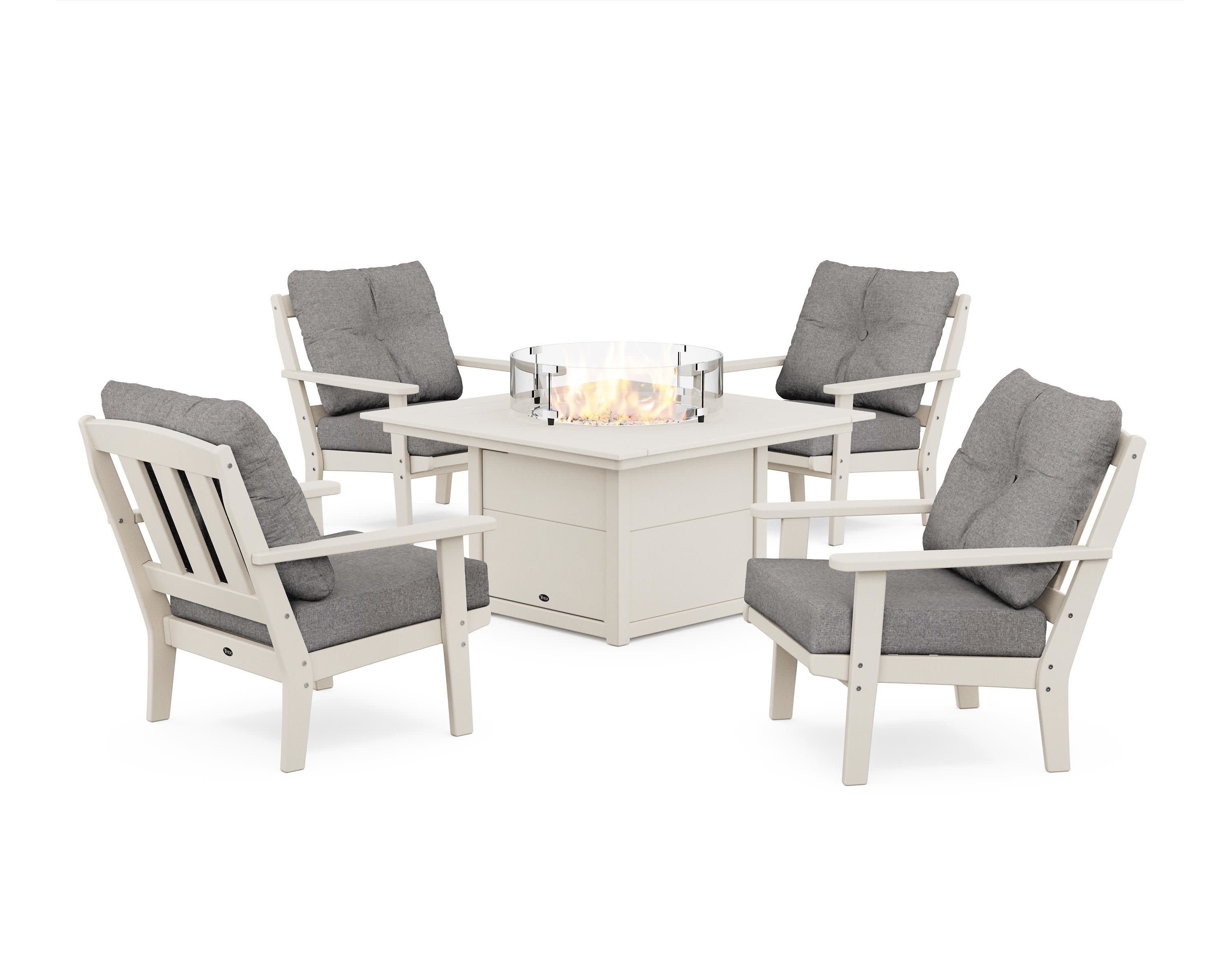 Cape Cod 5-Piece Deep Seating Set with Fire Pit Table in Sand Castle / Grey Mist