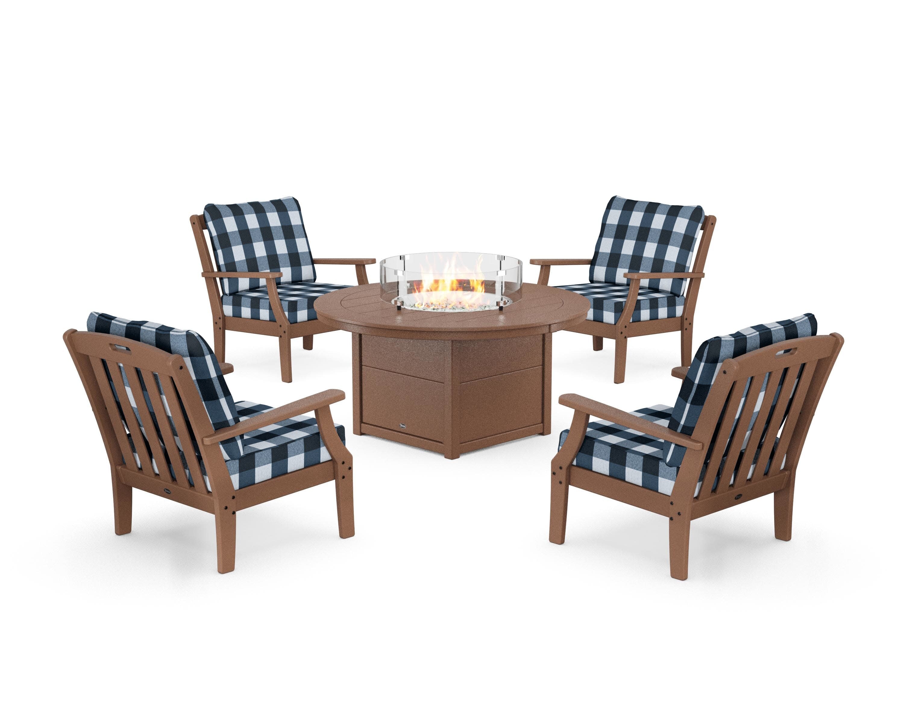 Yacht Club 5-Piece Deep Seating Set with Round Fire Pit Table in Tree House / Buffalo Plaid Marine Indigo