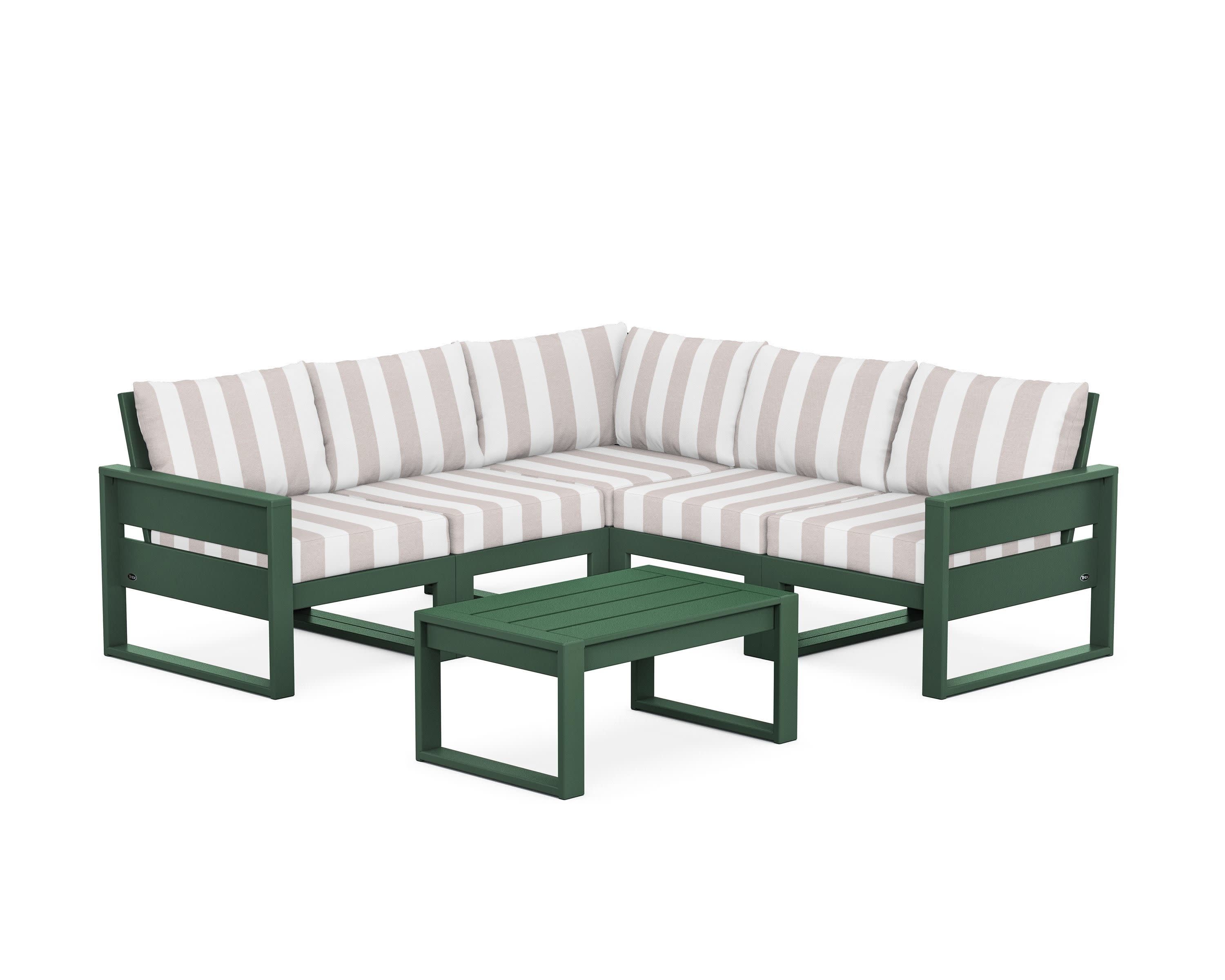 Eastport 6-Piece Deep Seating Sectional + Coffee Table Set in Rainforest Canopy / Cabana Stripe Dune Burlap