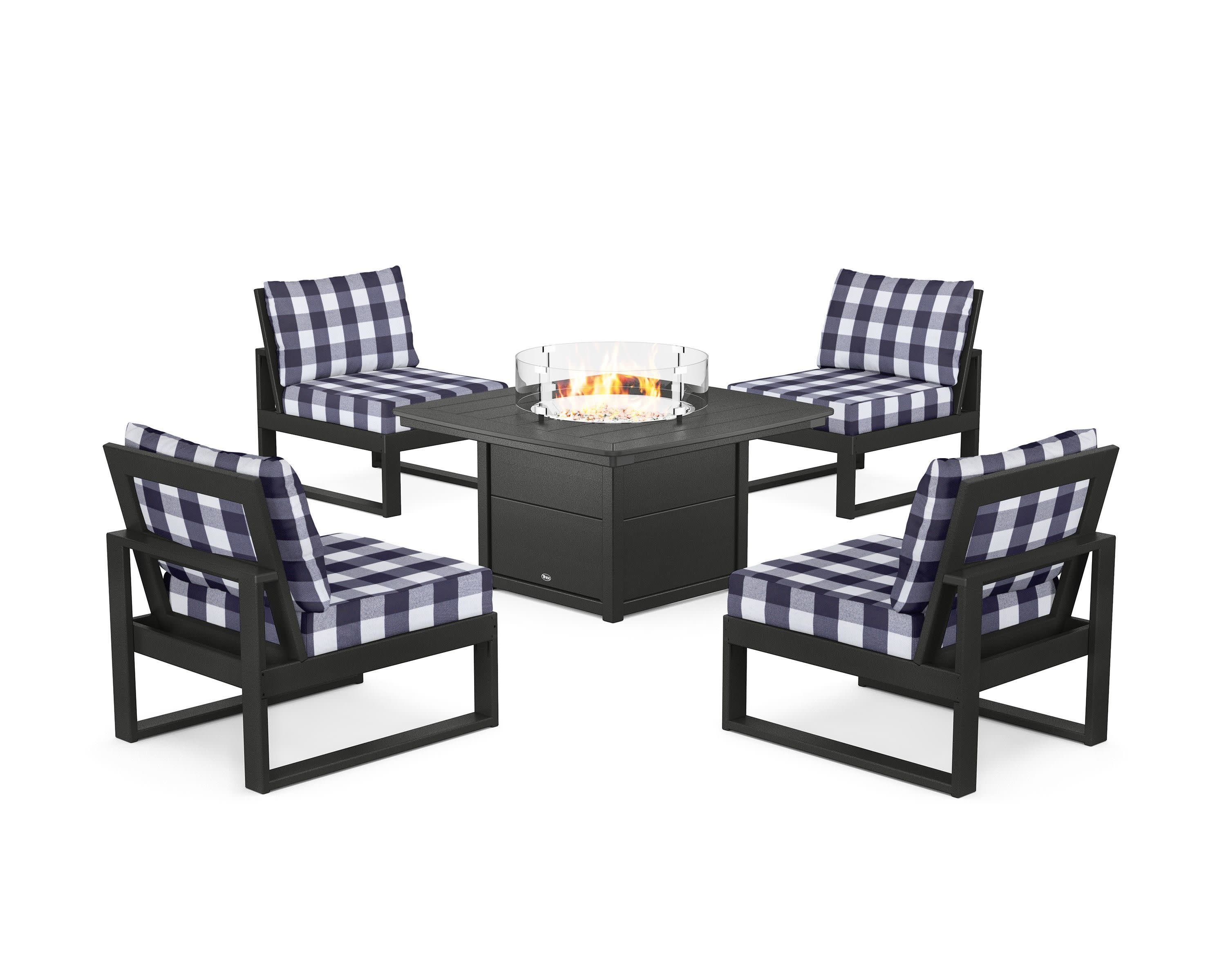Eastport Modular 5-Piece Deep Seating Set with Yacht Club Fire Pit Table in Charcoal Black / Buffalo Plaid Navy