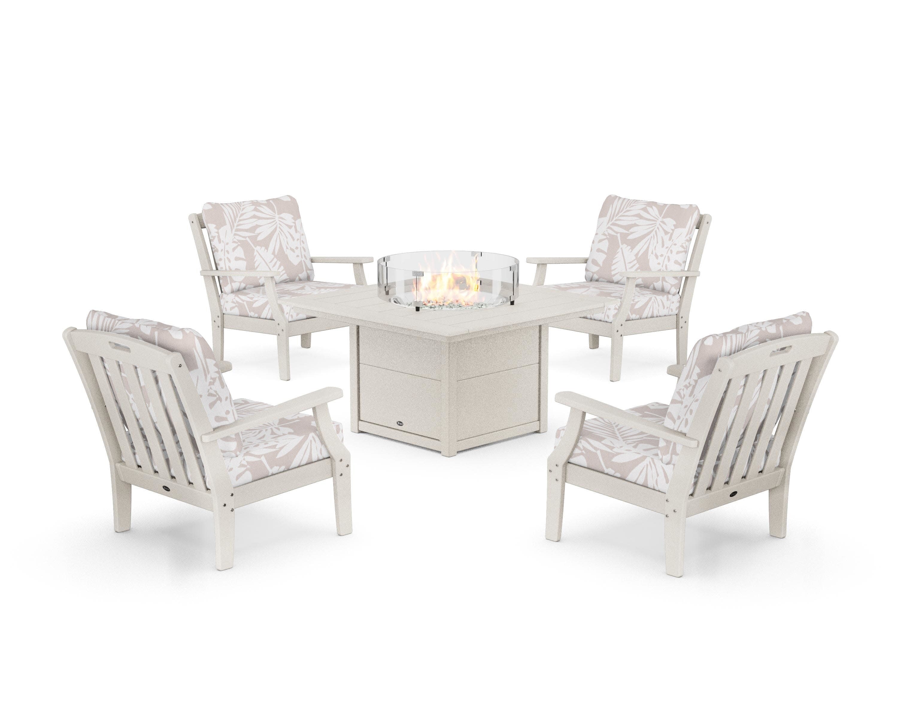 Yacht Club 5-Piece Deep Seating Set with Square Fire Pit Table in Sand Castle / Leaf Dune Burlap