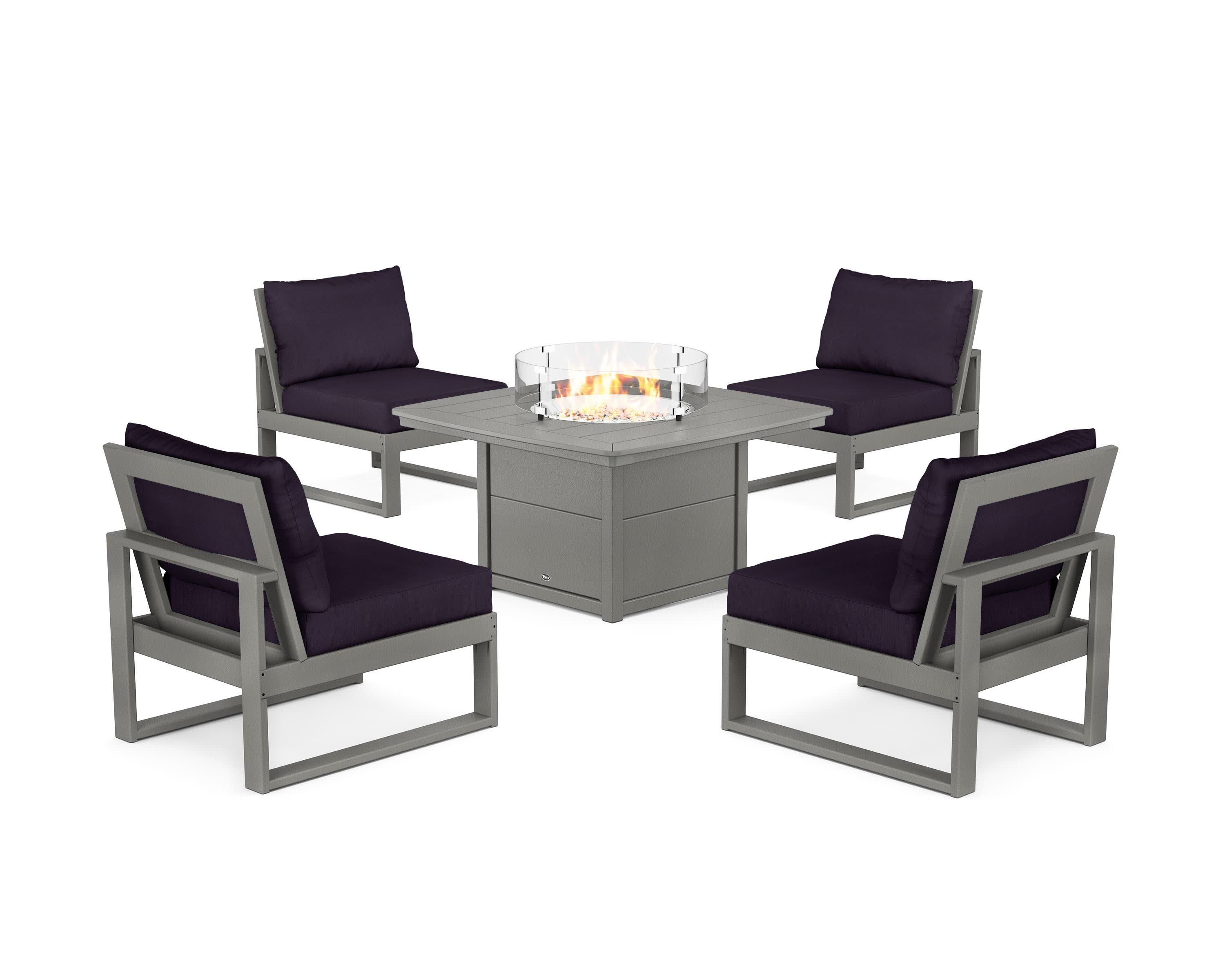 Eastport Modular 5-Piece Deep Seating Set with Yacht Club Fire Pit Table in Stepping Stone / Navy Linen