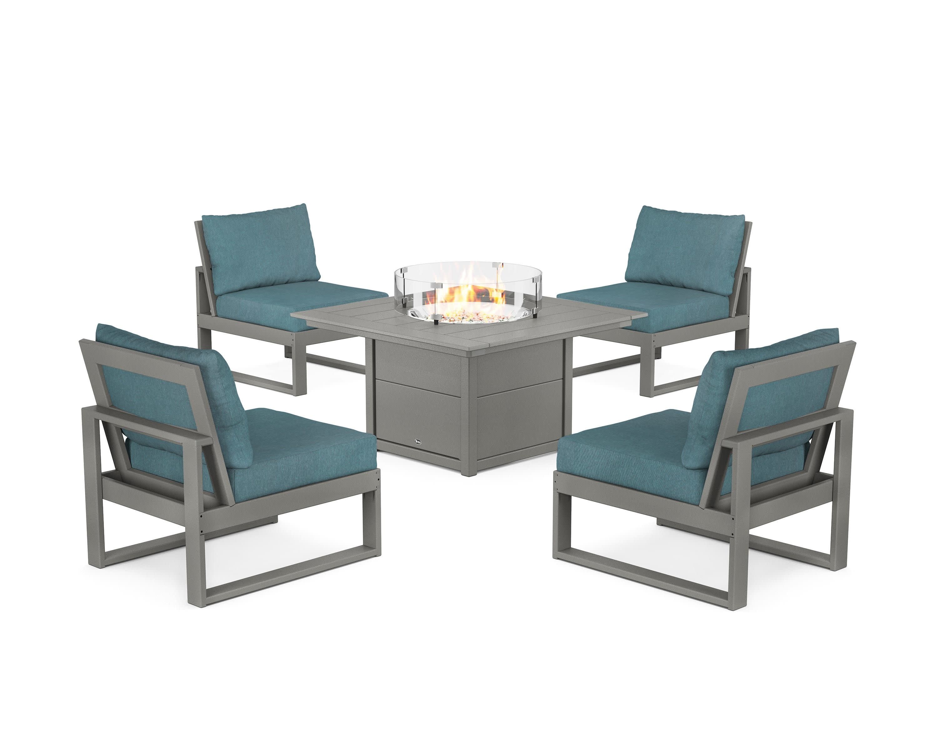Eastport Modular 5-Piece Deep Seating Set with Square Fire Pit Table in Stepping Stone / Ocean Teal
