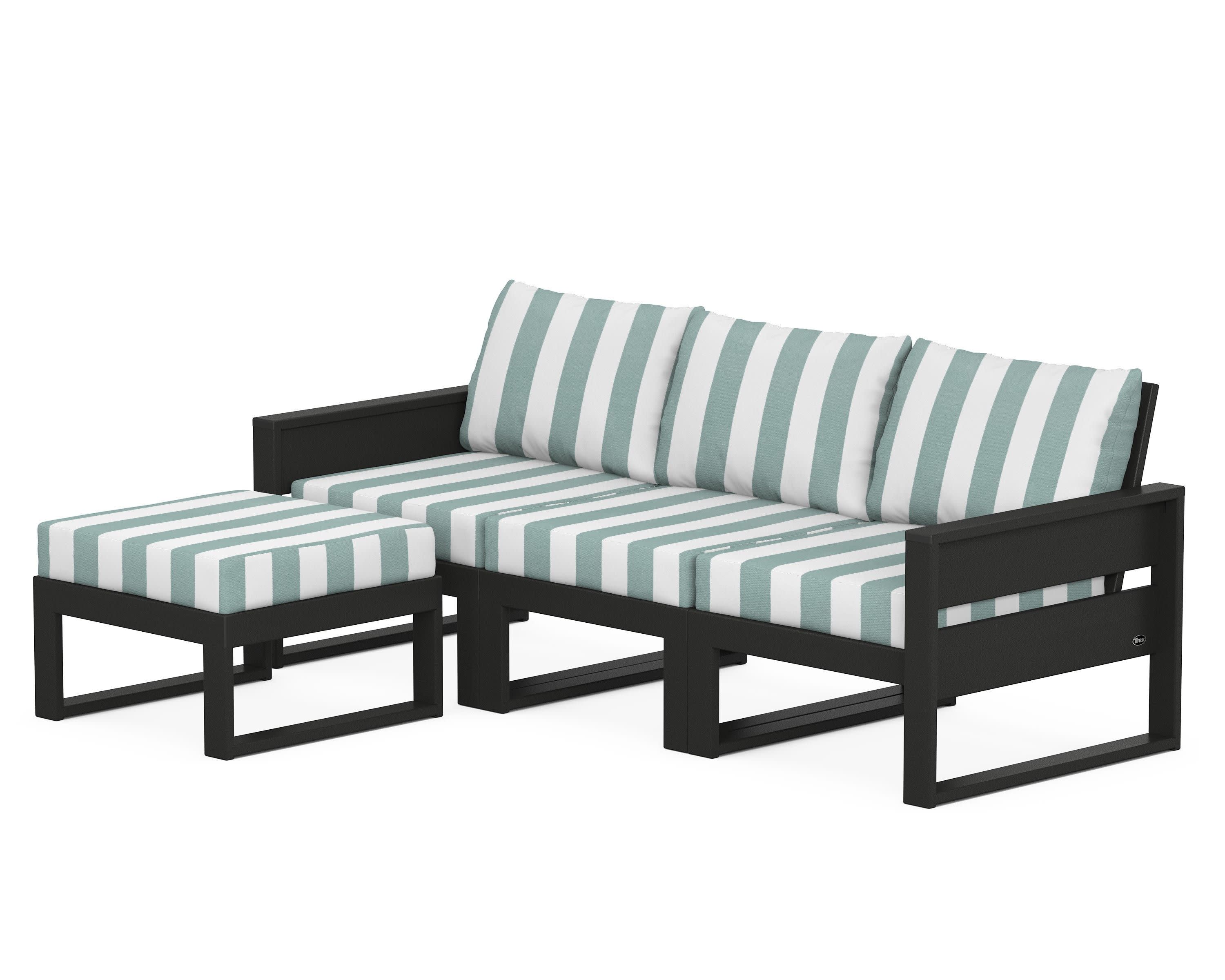 Eastport 4- Piece Sectional with Ottoman in Charcoal Black / Cabana Stripe Glacier Spa