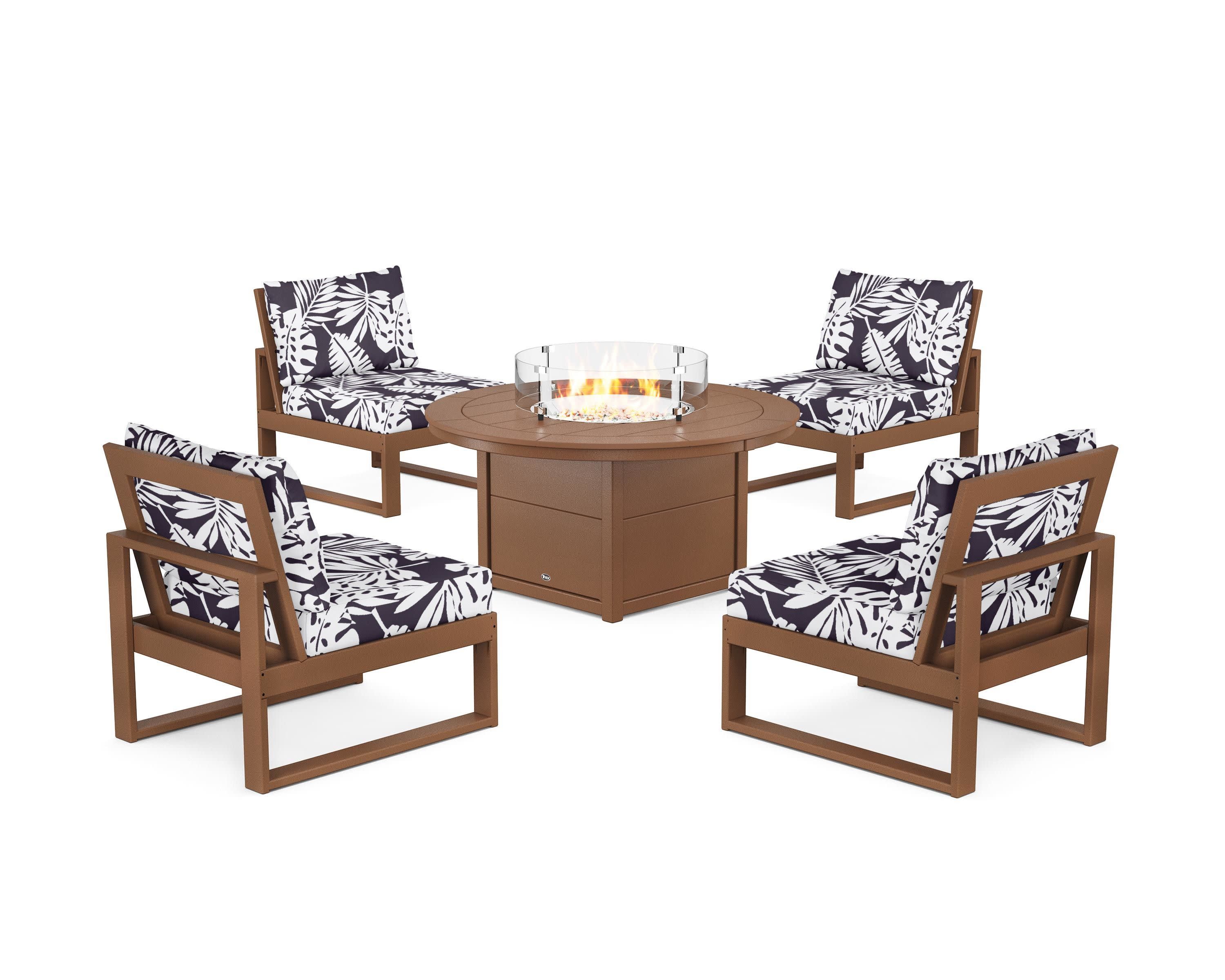 Eastport Modular 5-Piece Deep Seating Set with Round Fire Pit Table in Tree House / Leaf Navy