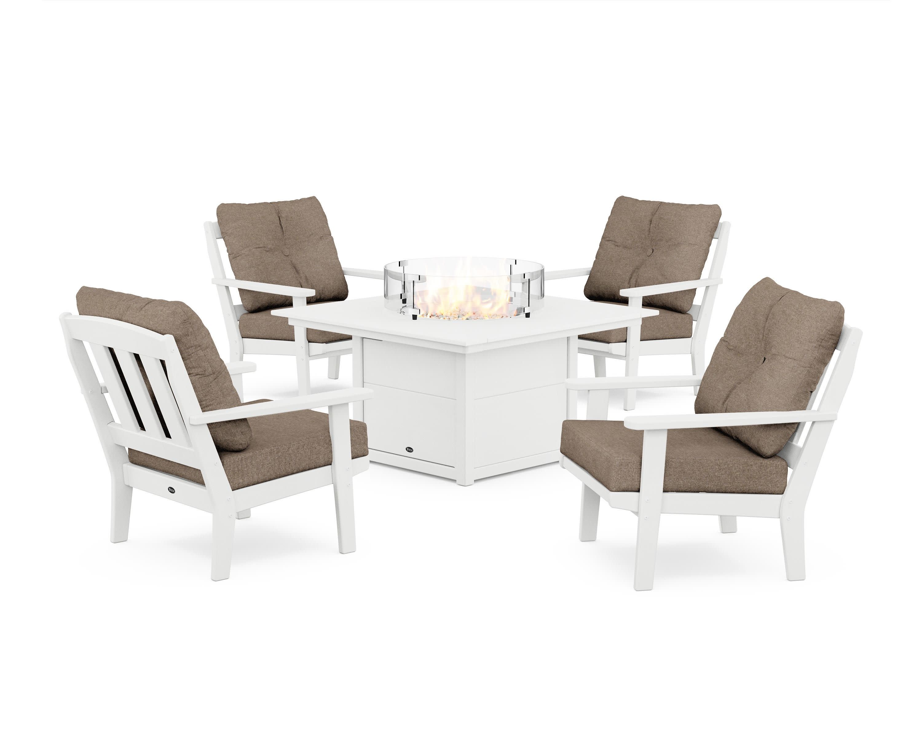 Cape Cod 5-Piece Deep Seating Set with Fire Pit Table in Classic White / Spiced Burlap