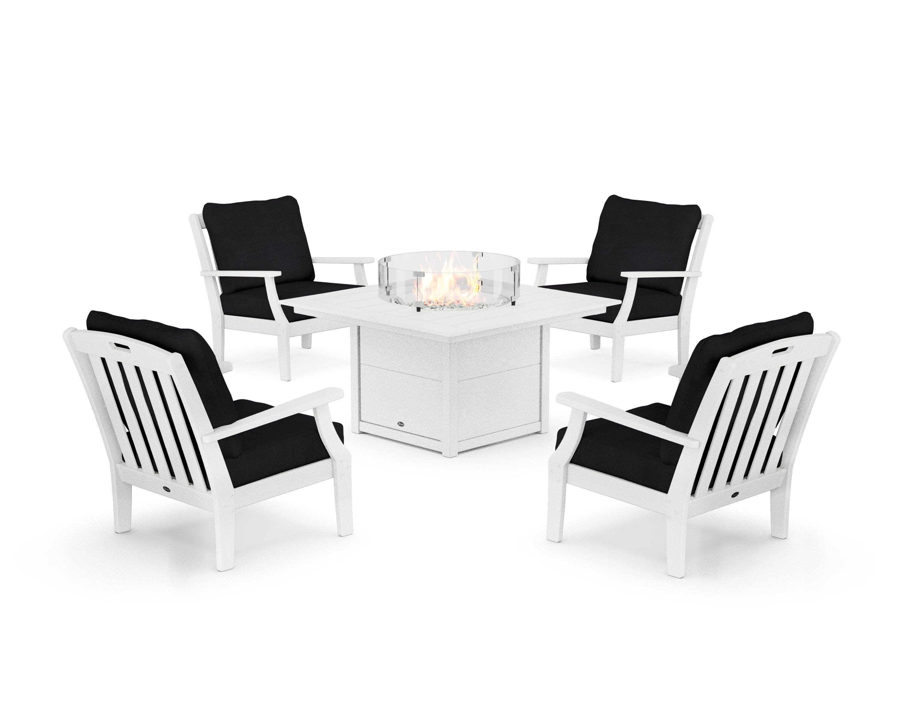 Yacht Club 5-Piece Deep Seating Set with Square Fire Pit Table in Classic White / Midnight Linen