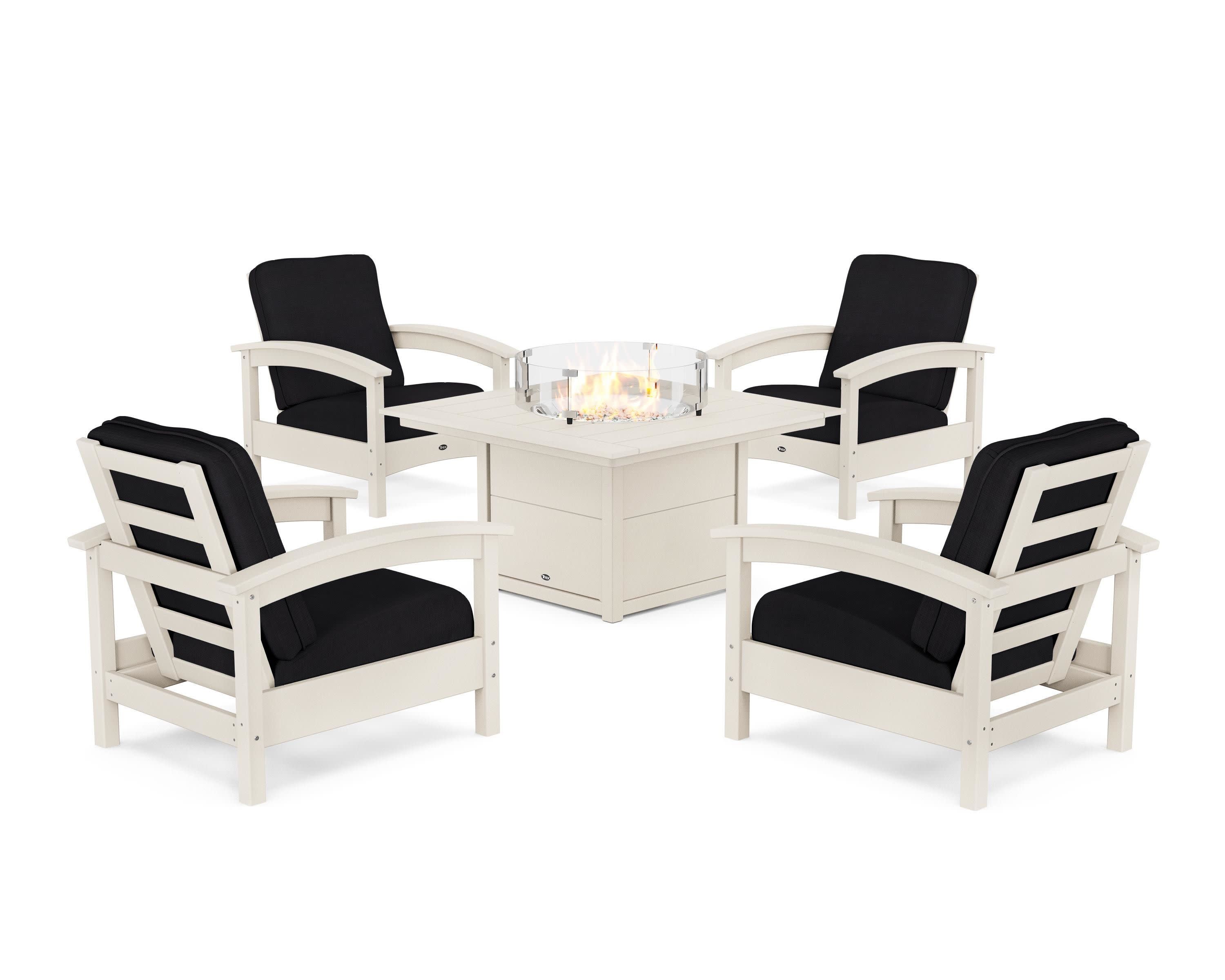 Rockport 5-Piece Deep Seating Set with Square Fire Pit Table in Sand Castle / Midnight Linen