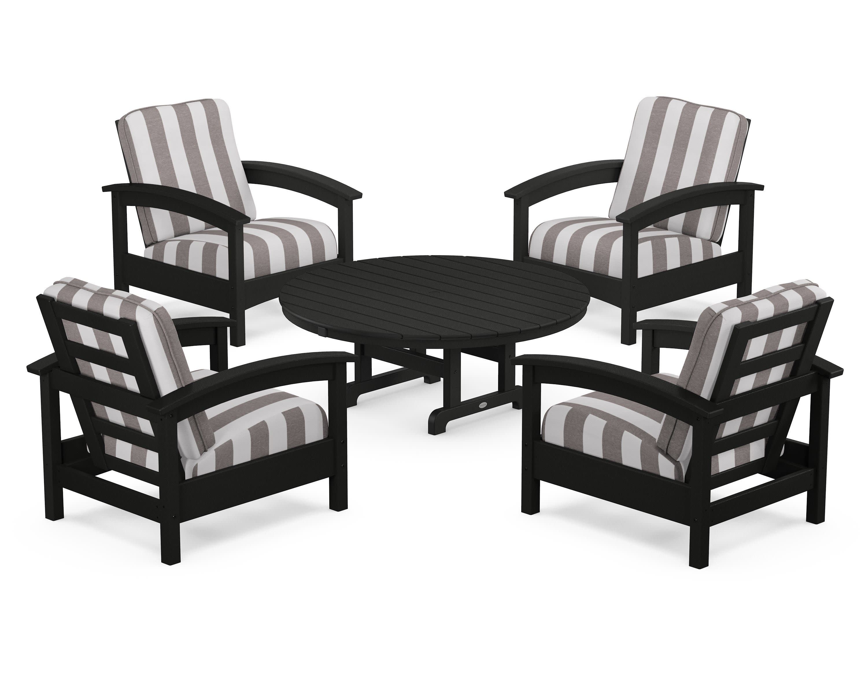 Rockport 5-Piece Deep Seating Set in Charcoal Black / Cabana Stripe Grey Mist
