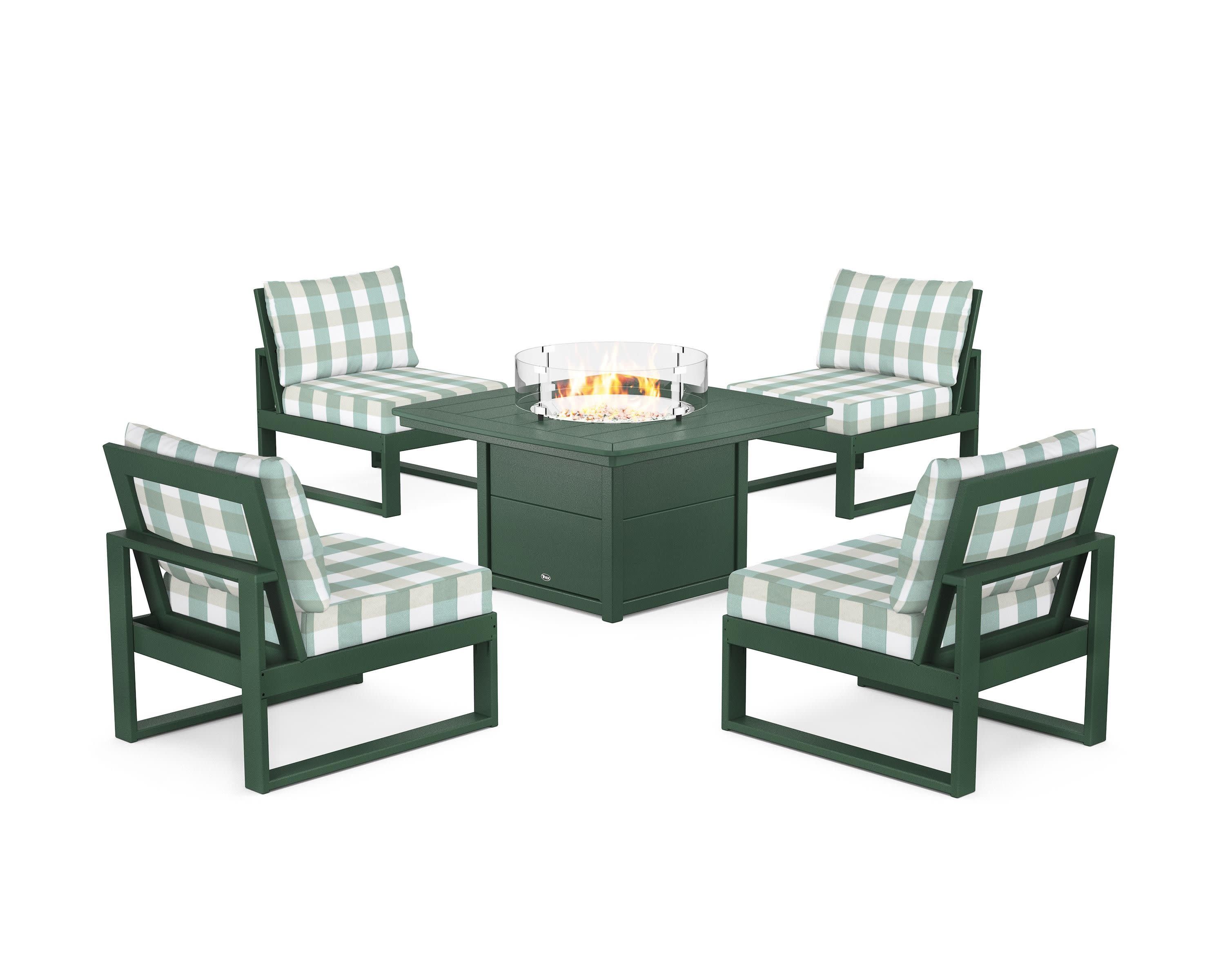 Eastport Modular 5-Piece Deep Seating Set with Yacht Club Fire Pit Table in Rainforest Canopy / Buffalo Plaid Glacier Spa