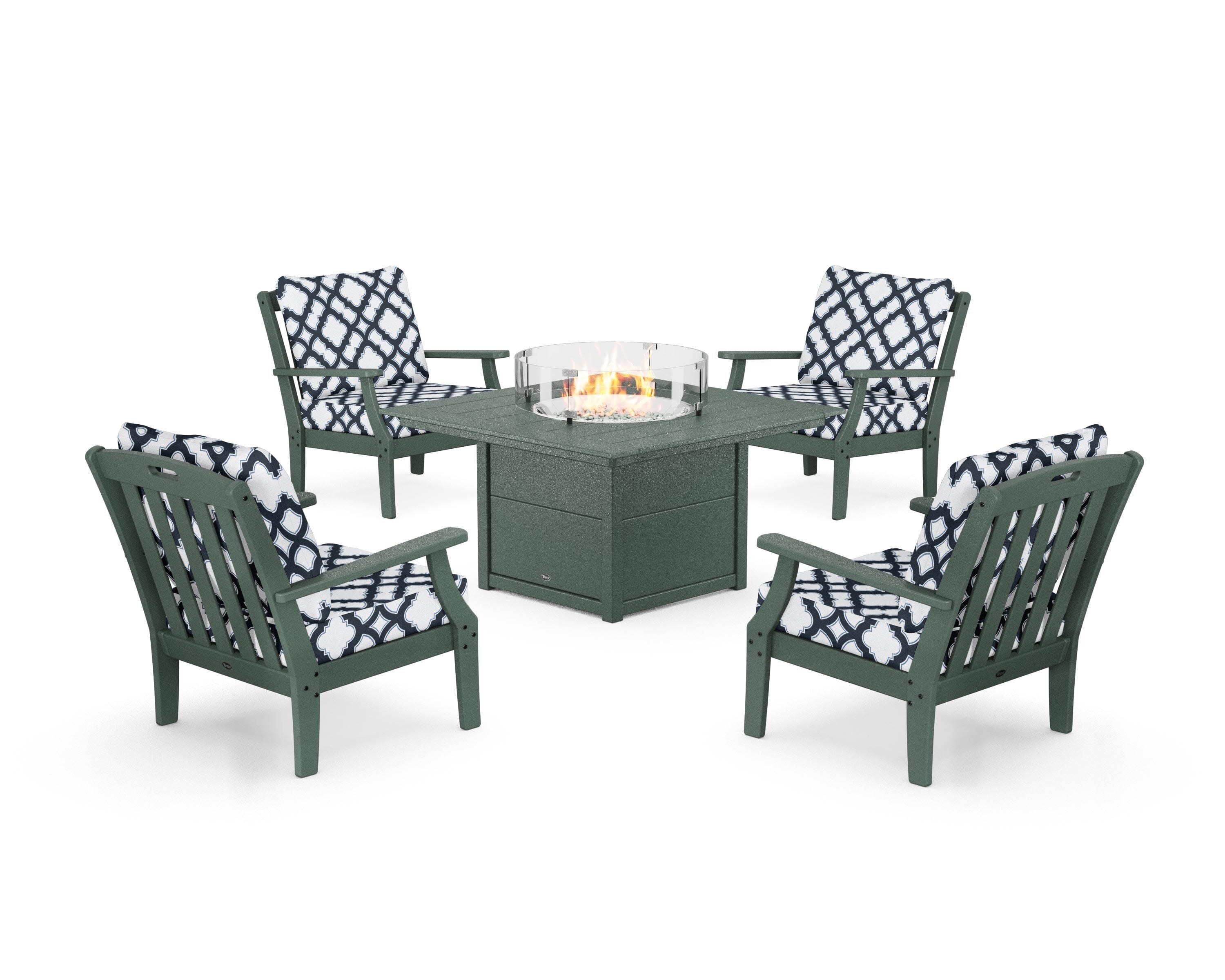 Yacht Club 5-Piece Deep Seating Set with Square Fire Pit Table in Rainforest Canopy / Trellis Marine Indigo