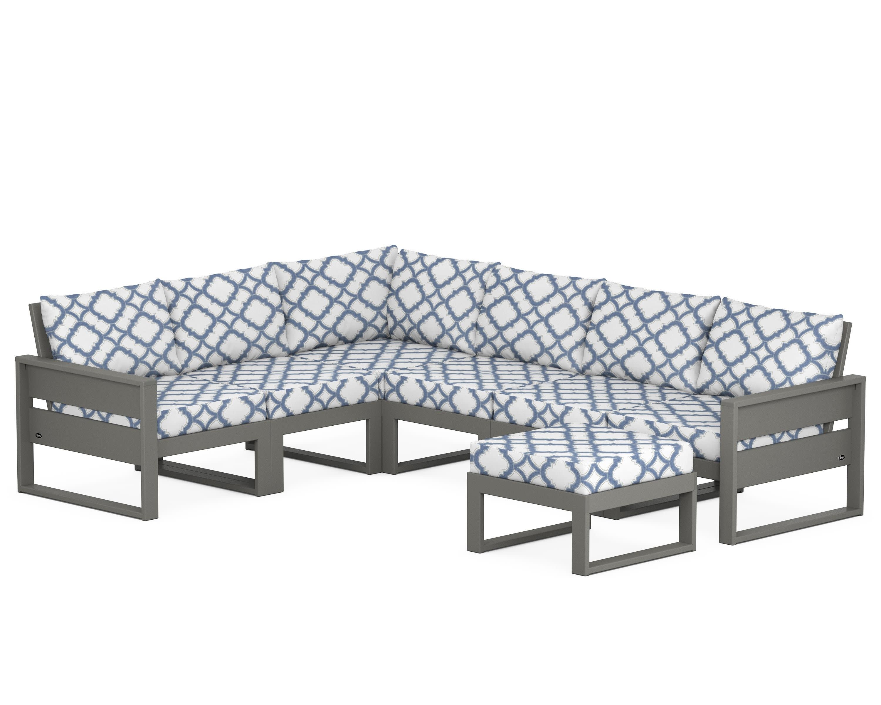 Eastport 6-Piece Sectional with Ottoman in Stepping Stone / Trellis Sky Blue