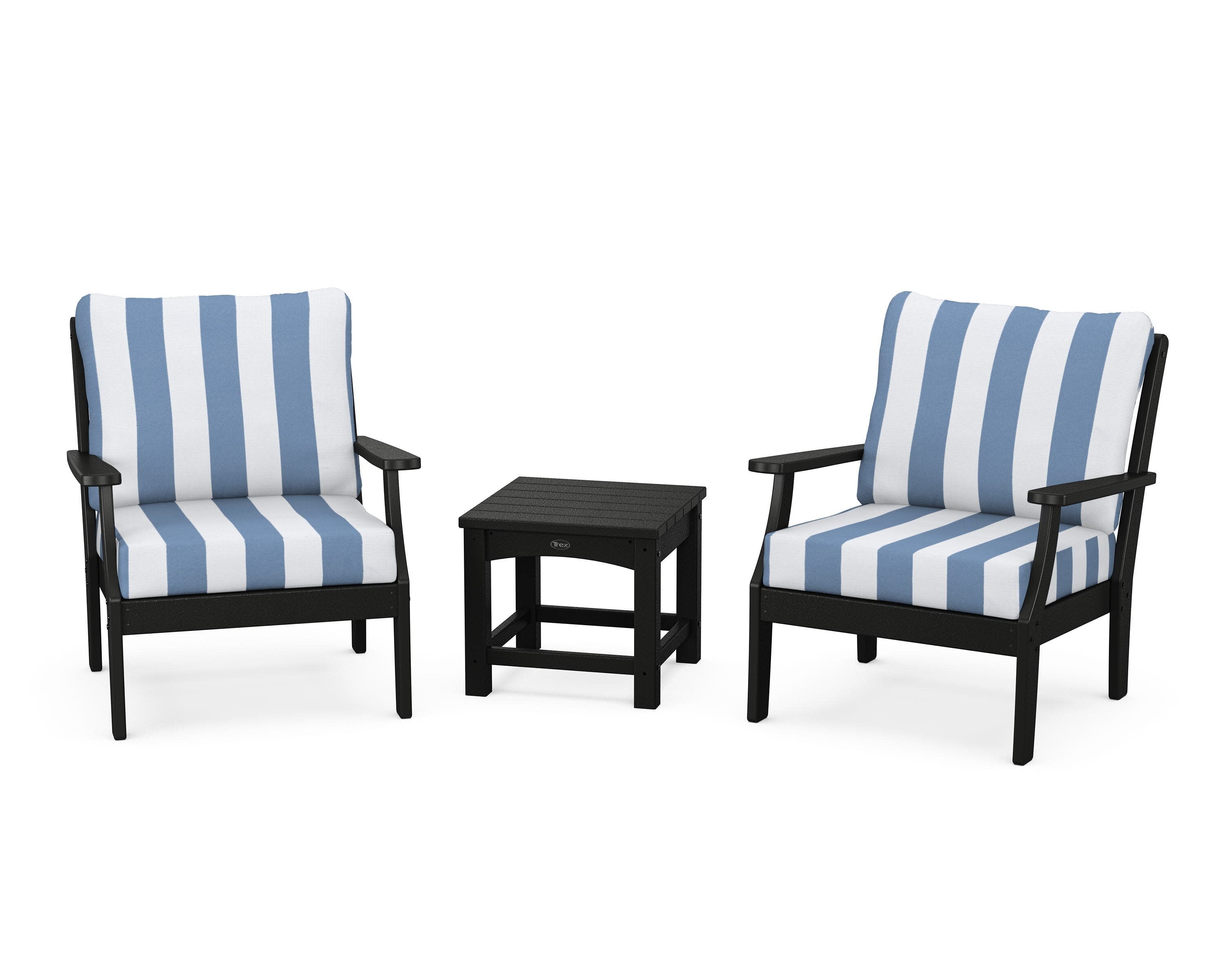 Yacht Club 3-Piece Deep Seating Set in Charcoal Black / Cabana Stripe Sky Blue