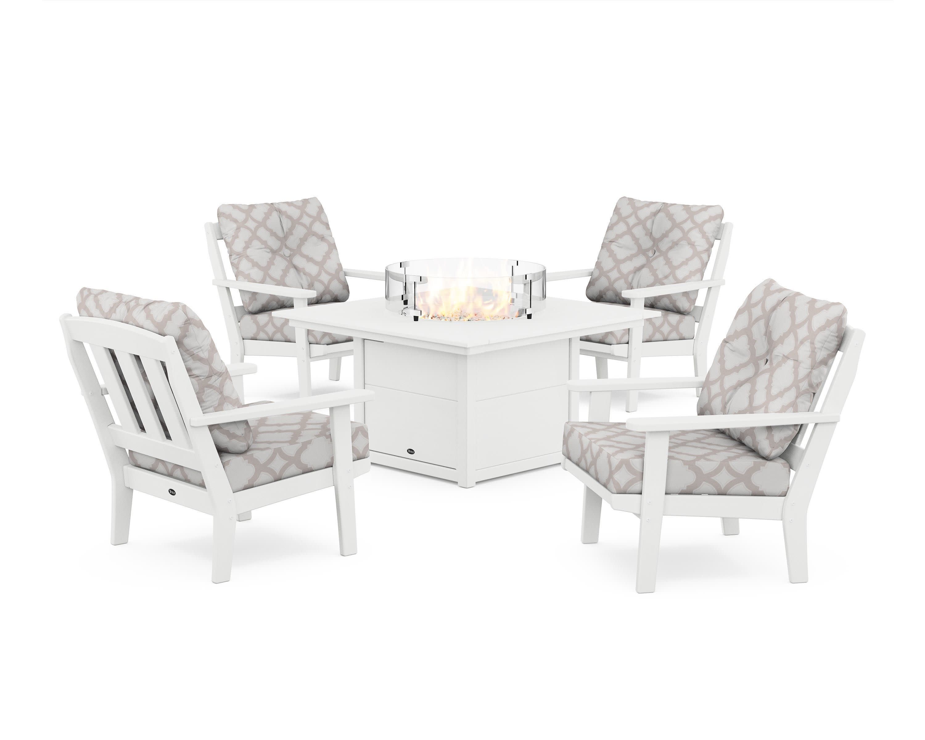 Cape Cod 5-Piece Deep Seating Set with Fire Pit Table in Classic White / Trellis Dune Burlap