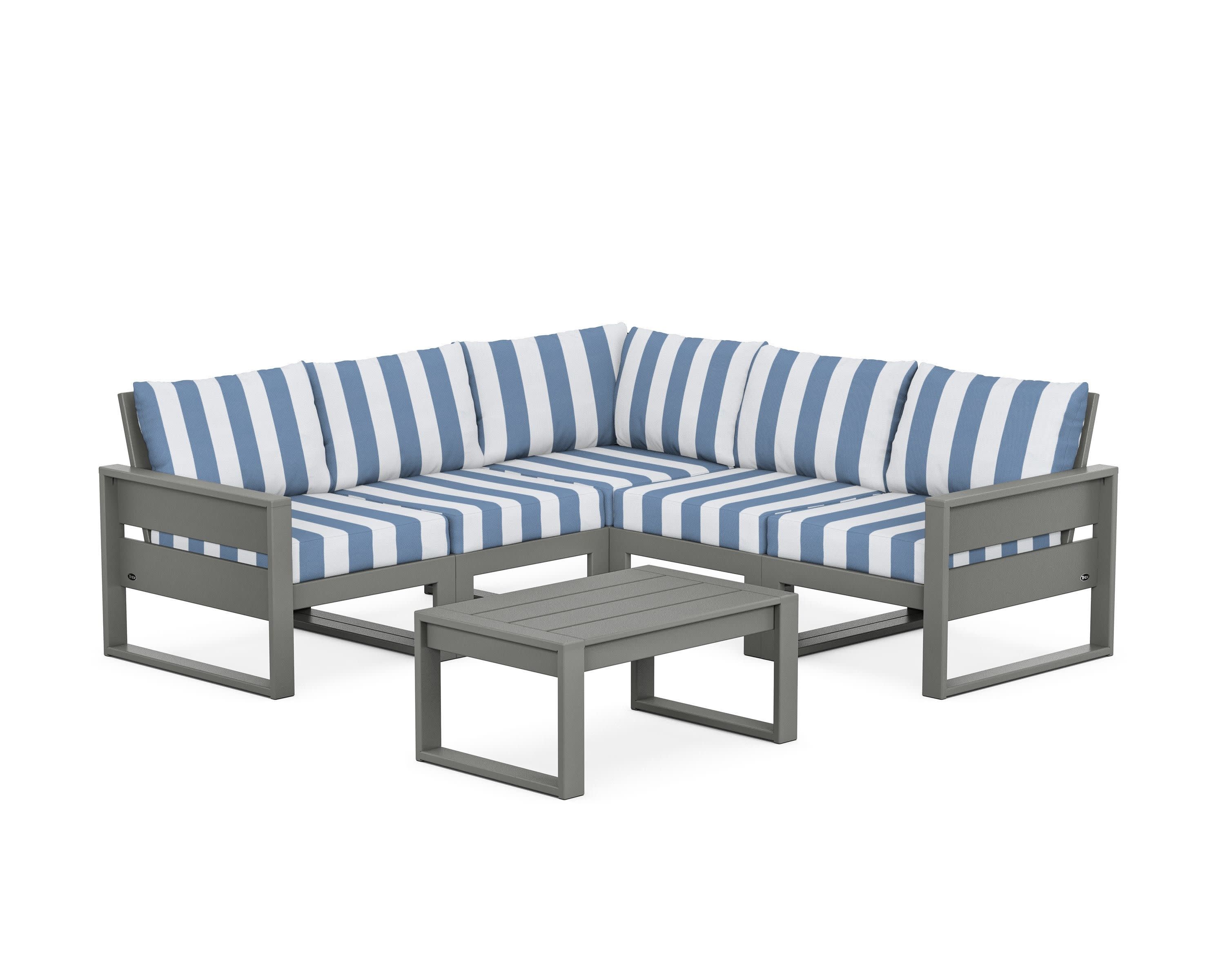 Eastport 6-Piece Deep Seating Sectional + Coffee Table Set in Stepping Stone / Cabana Stripe Sky Blue