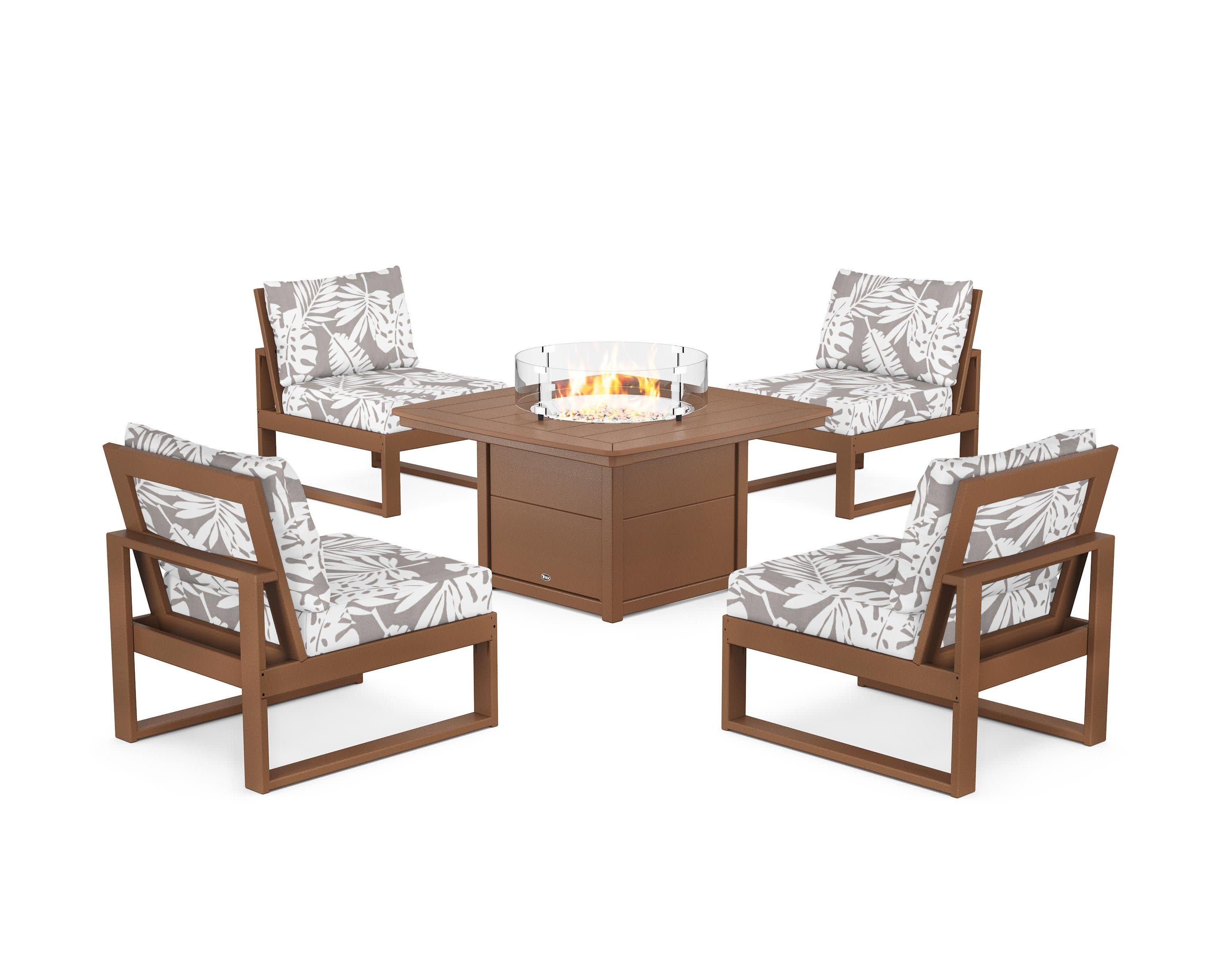 Eastport Modular 5-Piece Deep Seating Set with Yacht Club Fire Pit Table in Tree House / Leaf Grey Mist