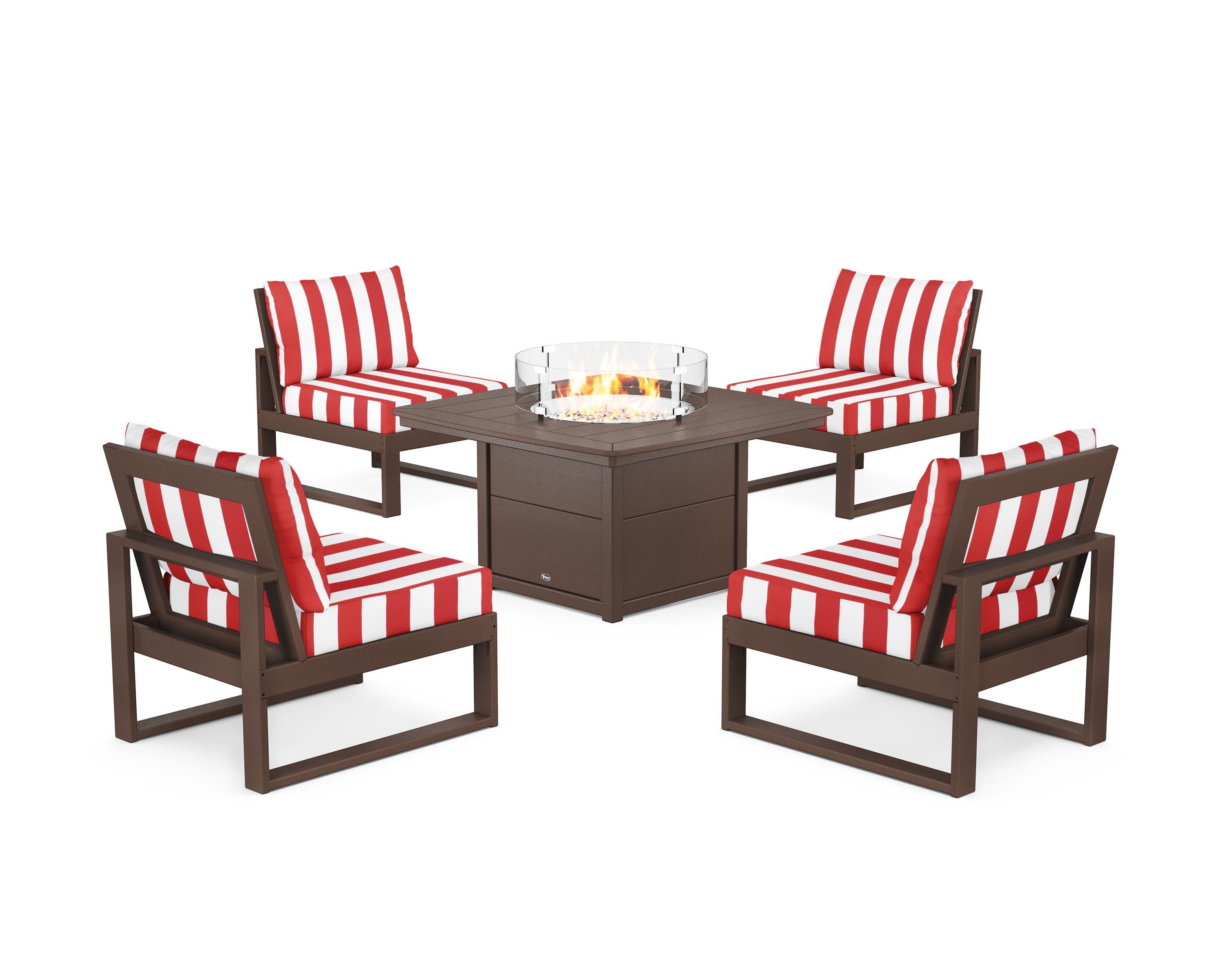 Eastport Modular 5-Piece Deep Seating Set with Yacht Club Fire Pit Table in Vintage Lantern / Cabana Stripe Crimson