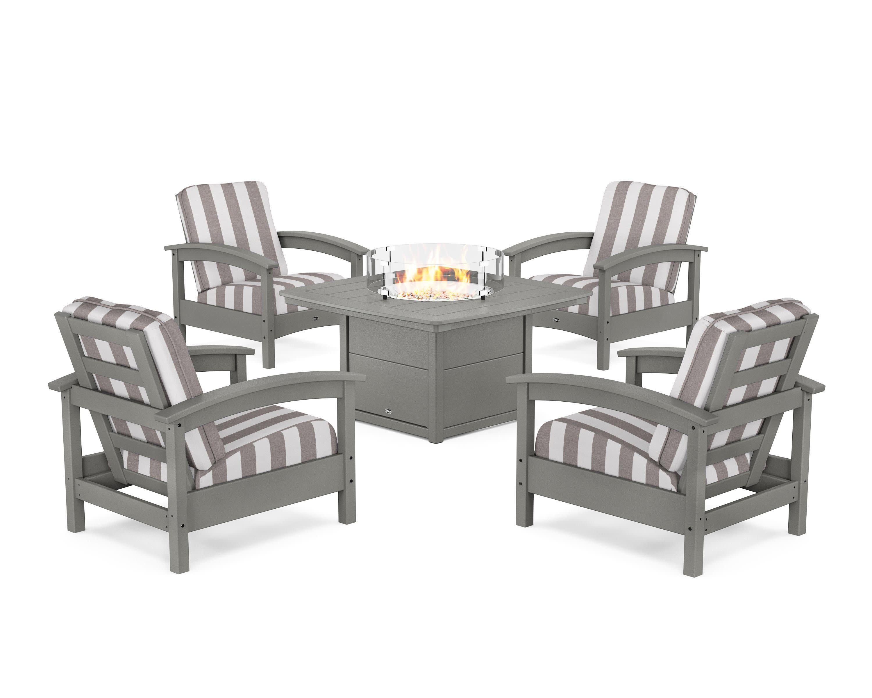 Rockport 5-Piece Deep Seating Set with Yacht Club Fire Pit Table in Stepping Stone / Cabana Stripe Grey Mist