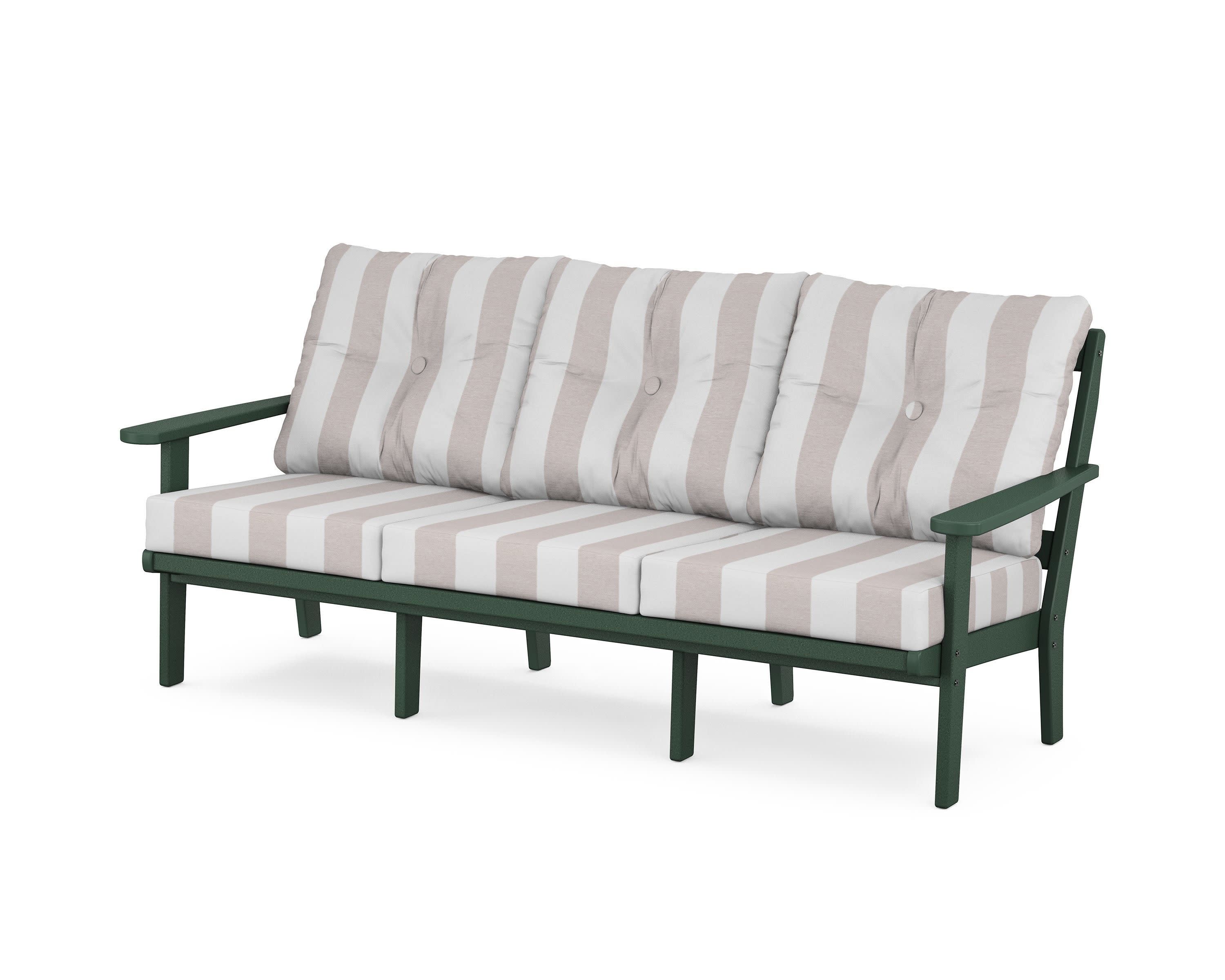 Cape Cod Deep Seating Sofa in Rainforest Canopy / Cabana Stripe Dune Burlap