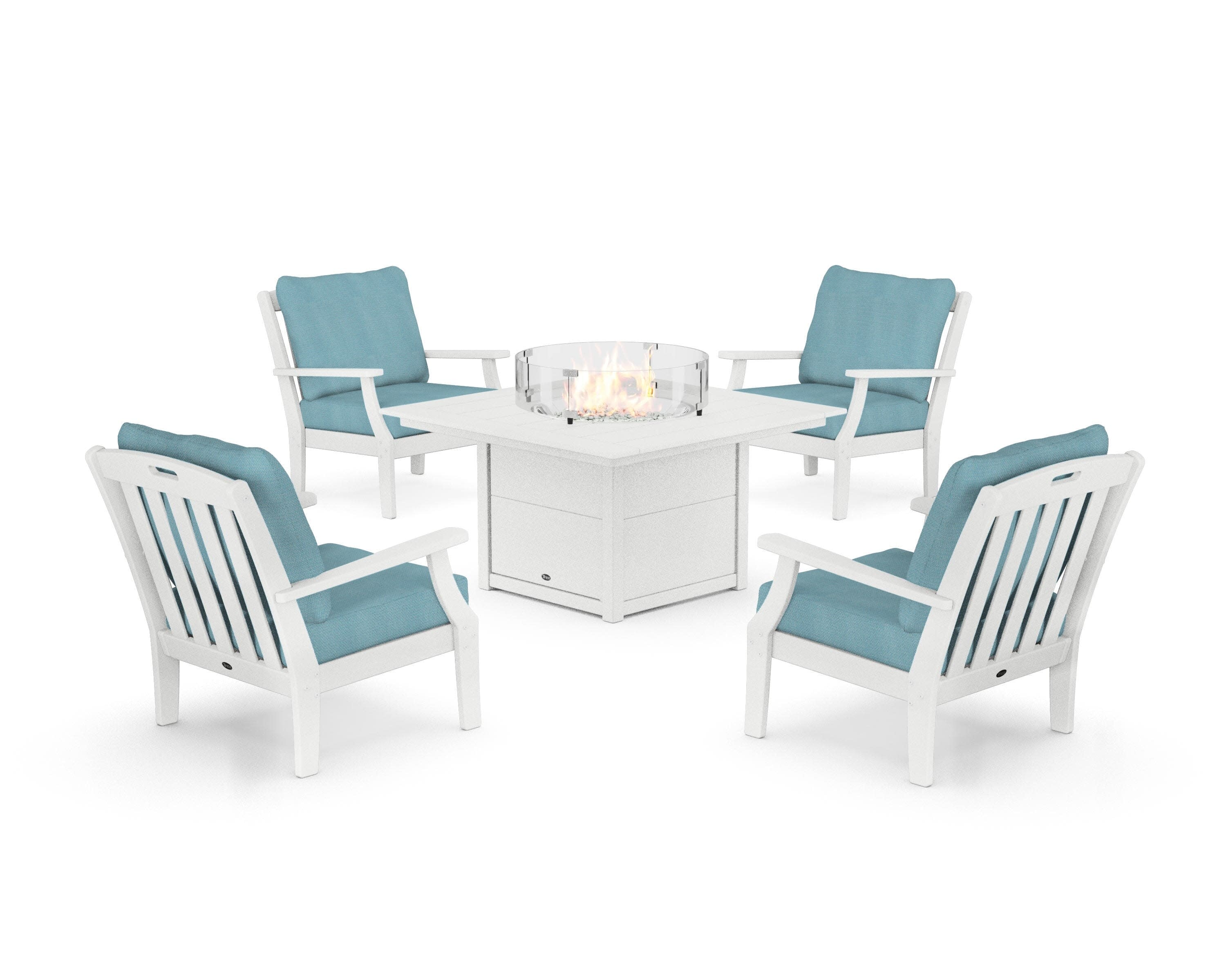 Yacht Club 5-Piece Deep Seating Set with Square Fire Pit Table in Classic White / Lattice Sky Blue