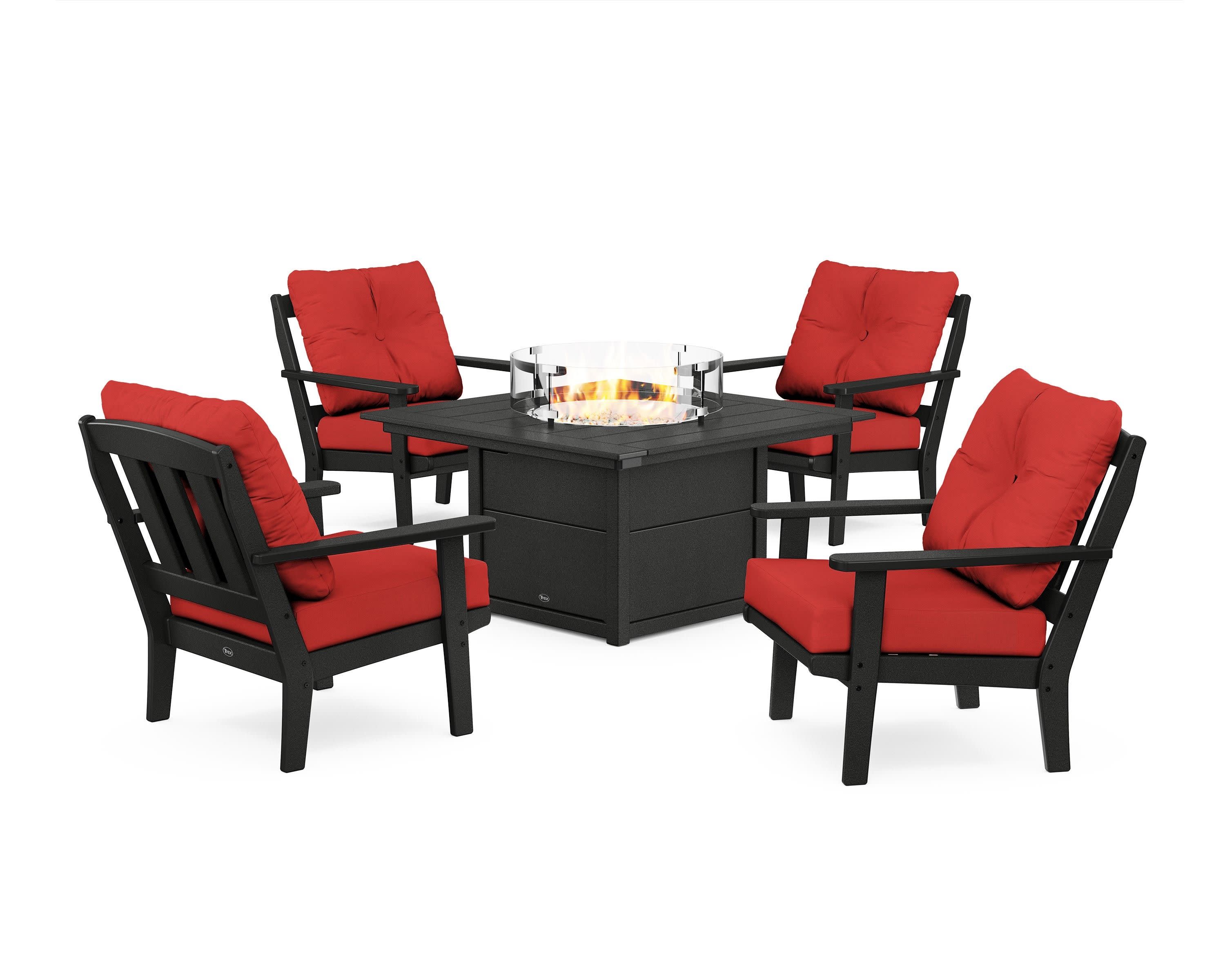 Cape Cod 5-Piece Deep Seating Set with Fire Pit Table in Charcoal Black / Crimson Linen