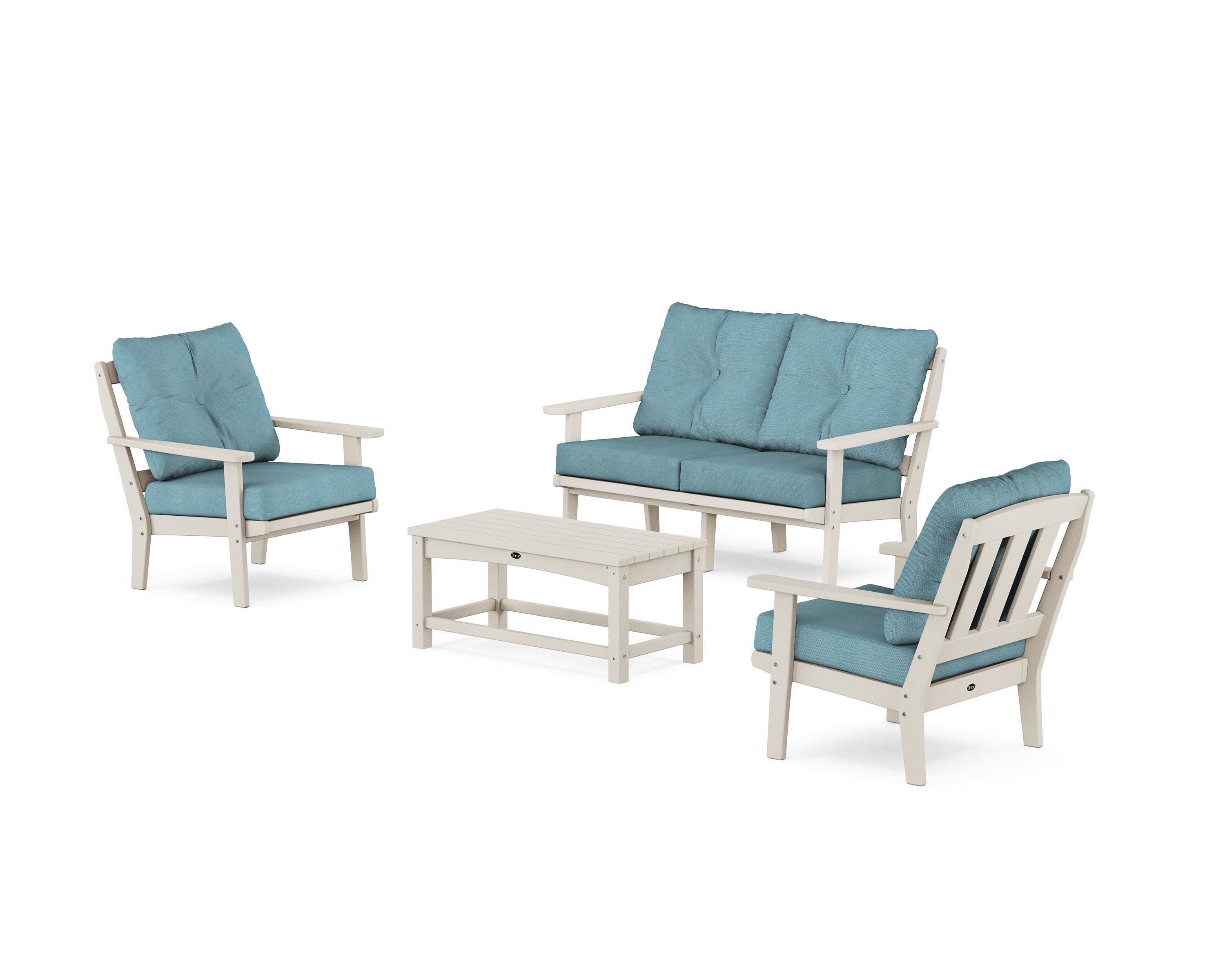 Cape Cod 4-Piece Deep Seating Set with Loveseat in Sand Castle / Lattice Sky Blue